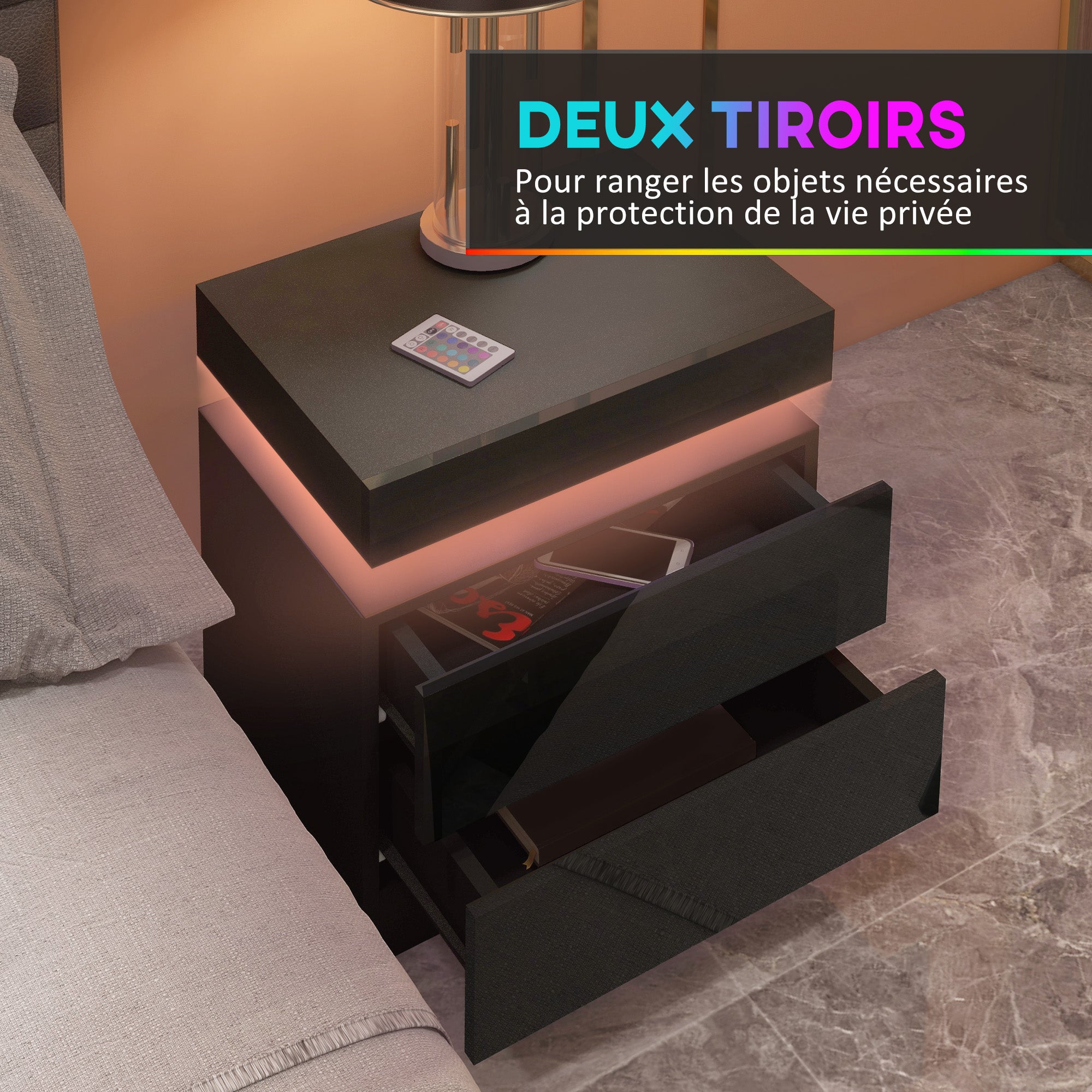 Table de chevet, table de nuit, avec lumière LED RVB, façade du tiroir haute brillance, table d'appoint avec 2 tiroirs, pour salon, chambre à coucher, noir