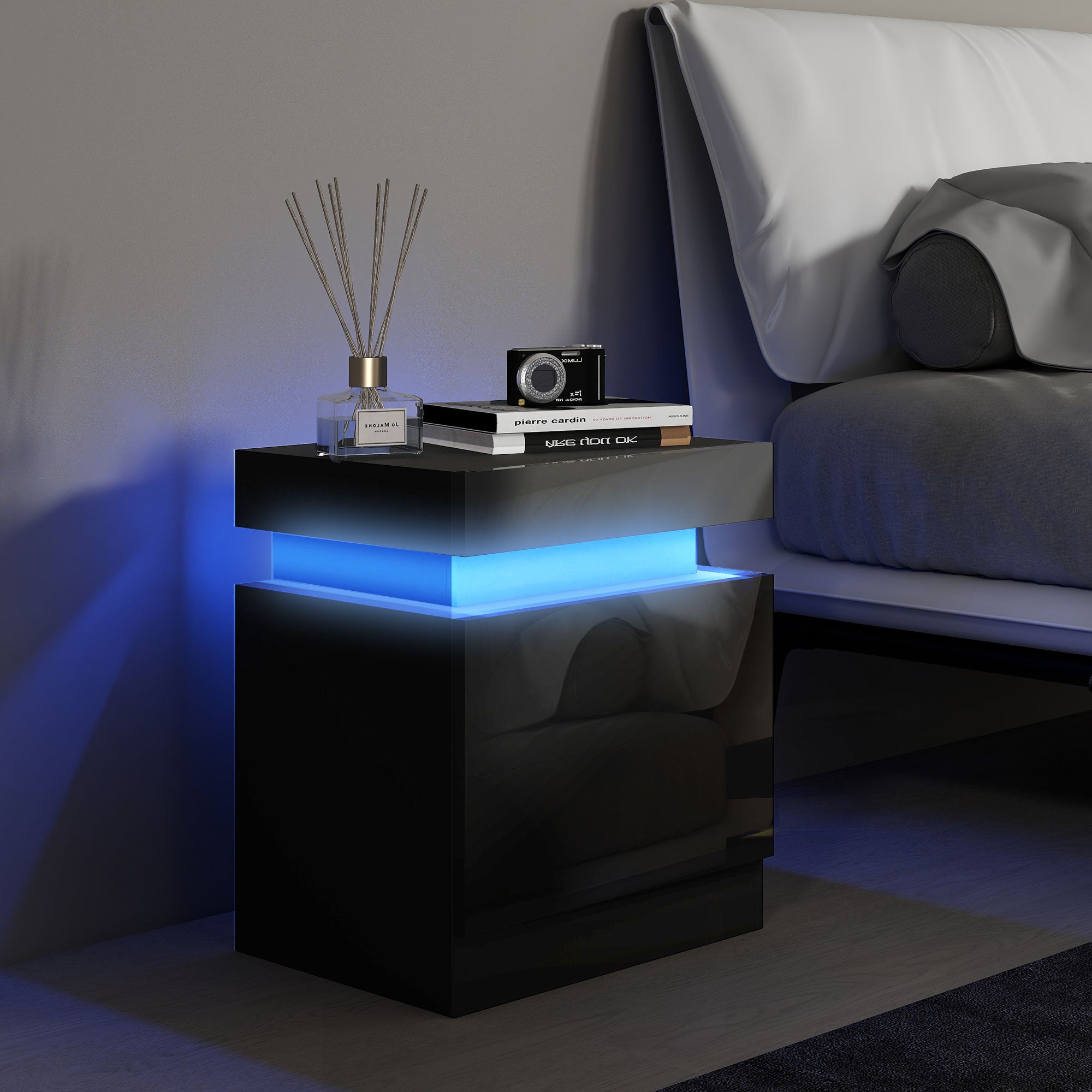 Table de chevet, table de nuit, avec lumière LED RVB, façade du tiroir haute brillance, table d'appoint avec 2 tiroirs, pour salon, chambre à coucher, noir