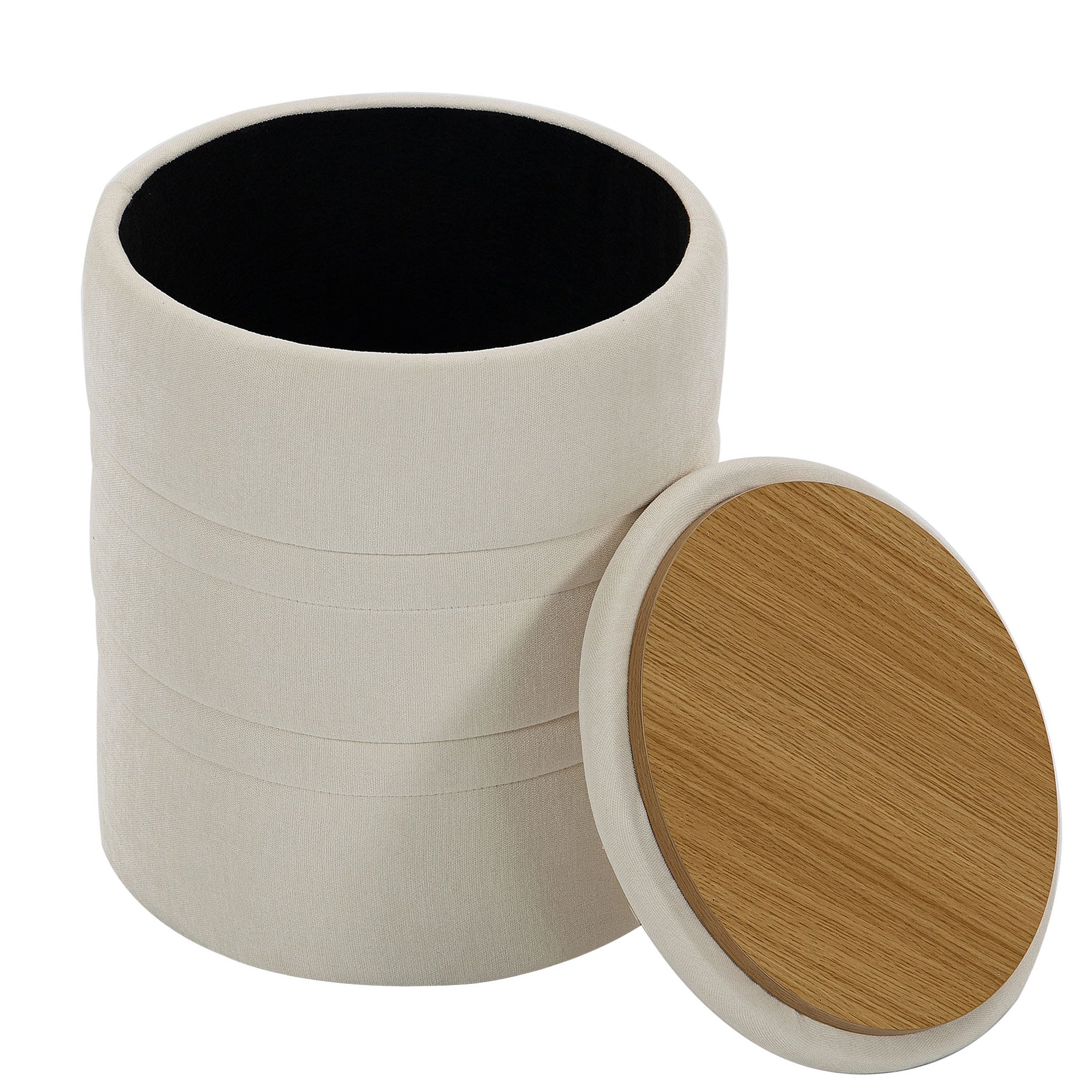 Pouf coffre rangement, tabouret rond avec couvercle, pouf repose-pieds en chenille, pour la chambre à coucher, entrée, salon, charge 120 Kg, Ø 36,5 x 46,5 cm, beige