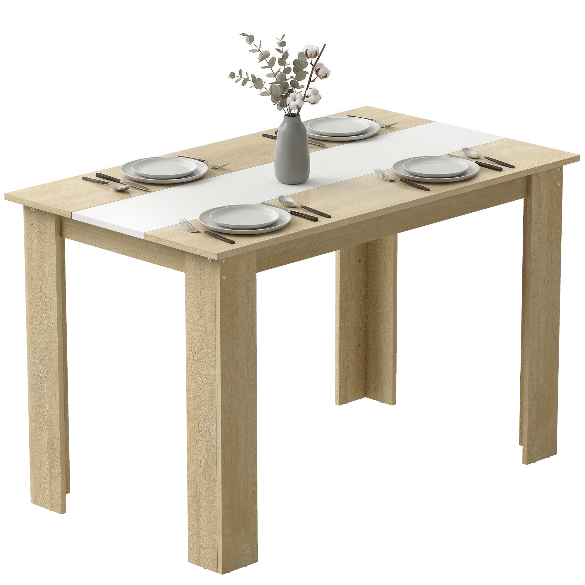 Table à manger rectangulaire pour 4 à 6 personnes, table de cuisine, 120 x 69 x 75 cm, style moderne, pieds triangulaires plus stable, chêne et blanc