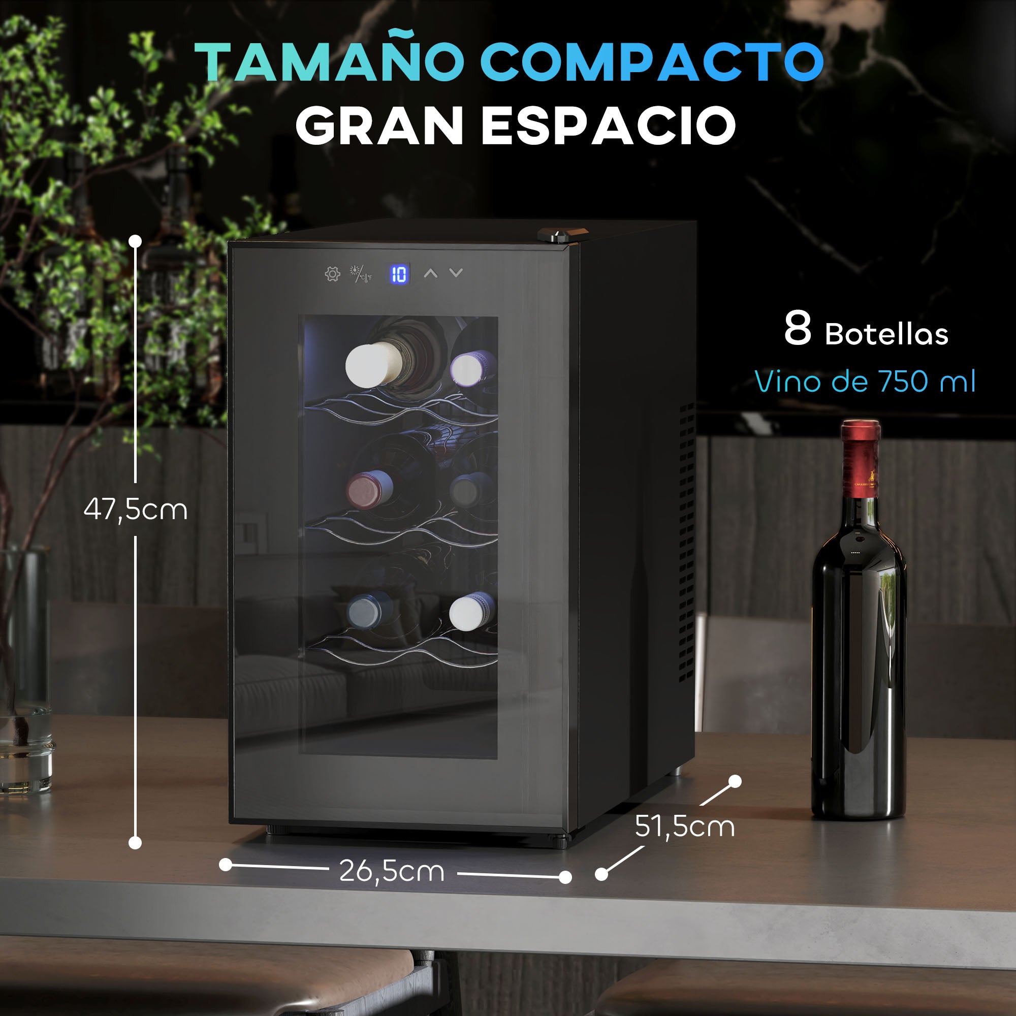Cave à Vin 8 Bouteilles 21L, Réfrigérateur à Vin et Boissons avec Température Réglable 8-18°C, Porte en Verre Trempé Anti-UV, Étagères Ajustables, Écran Tactile, Éclairage LED, Noir