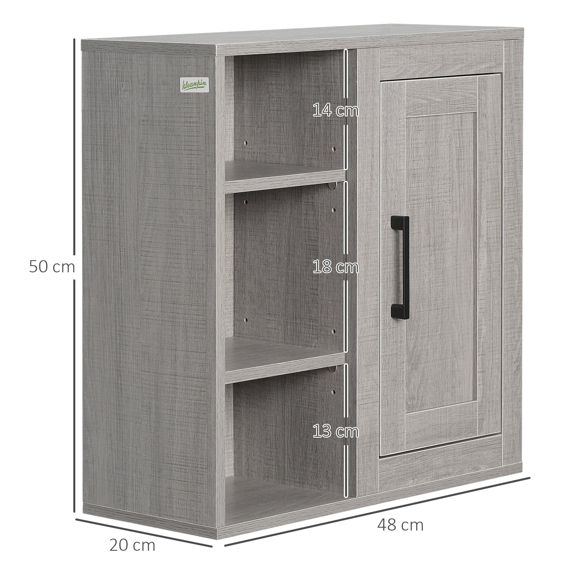Meuble Mural Meuble de Rangement Suspendu Armoire Murale pour Salle de Bains Placard de Rangement Armoire de Toilette avec étagères et Une Porte - 48 x 20 x 50 cm - Gris