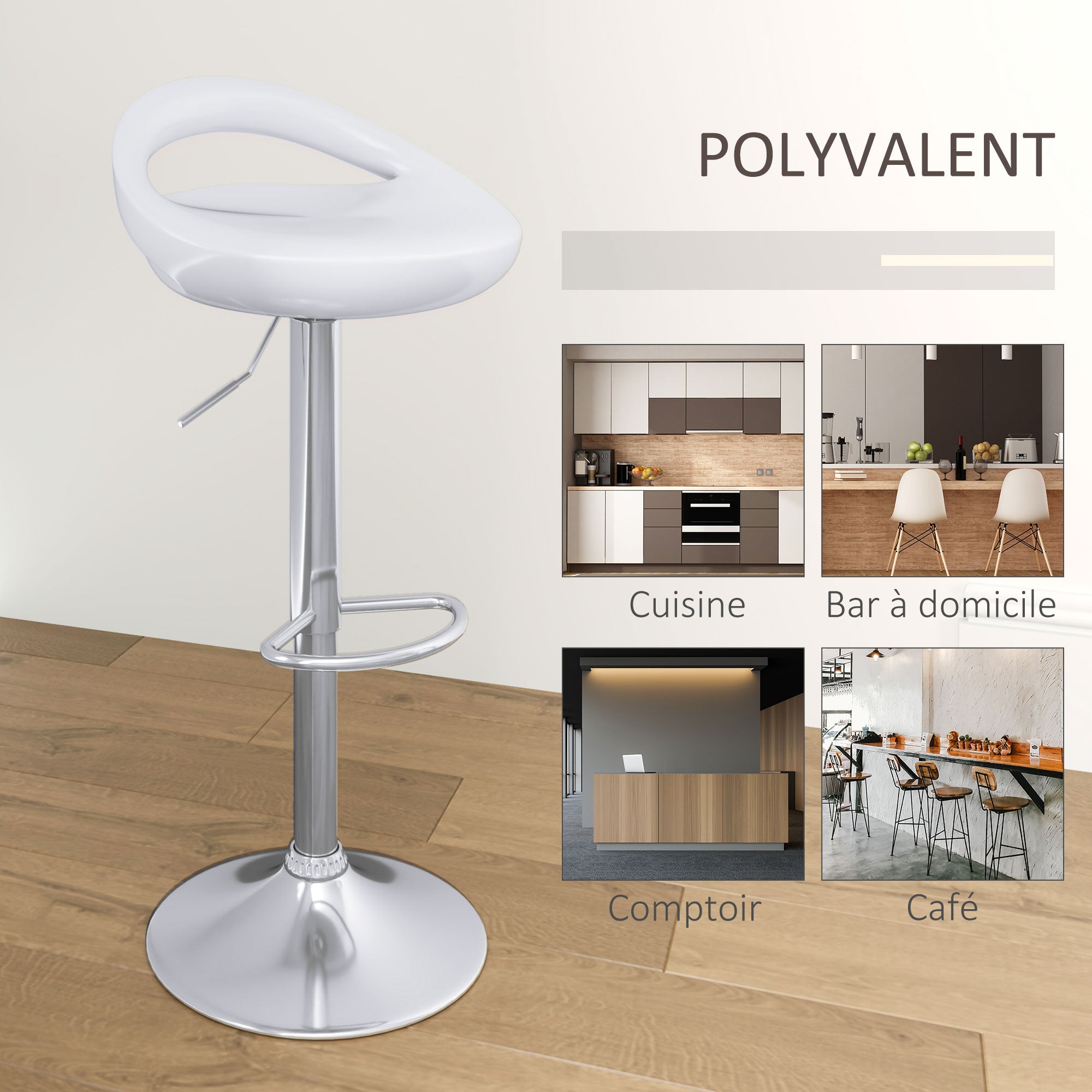 Lot de 2 tabourets de bar, chaises de bar réglable en hauteur, chaise haute cuisine avec dossier et repose-pieds, pivotant à 360°, ABS et métal, pour salle à manger, comptoir, blanc