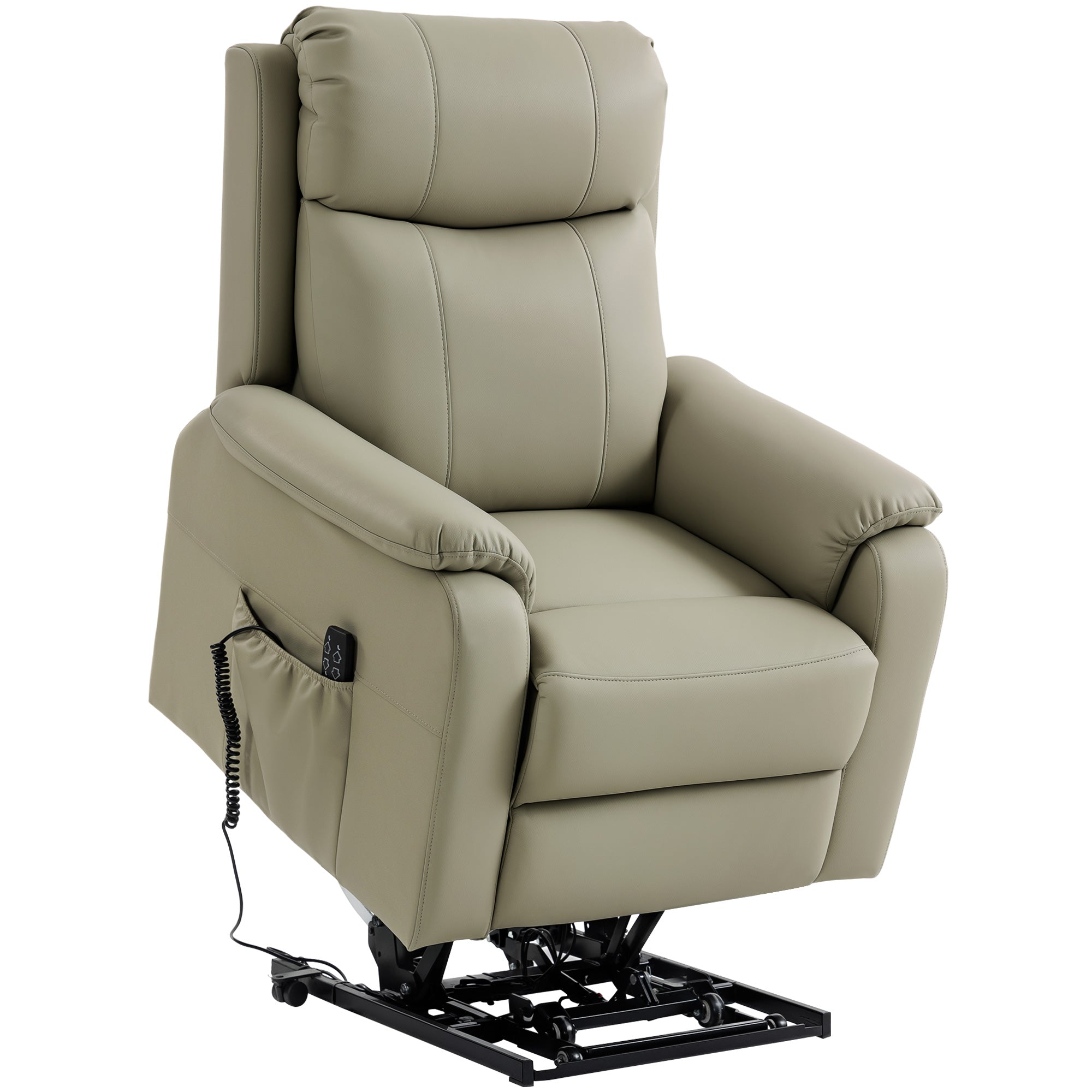 Fauteuil releveur électrique, fauteuil relax électrique, double moteur, dossier inclinable, coussin à ressorts, larges accoudoirs, repose-pied, roulettes, télécommande, poches latérales, crème