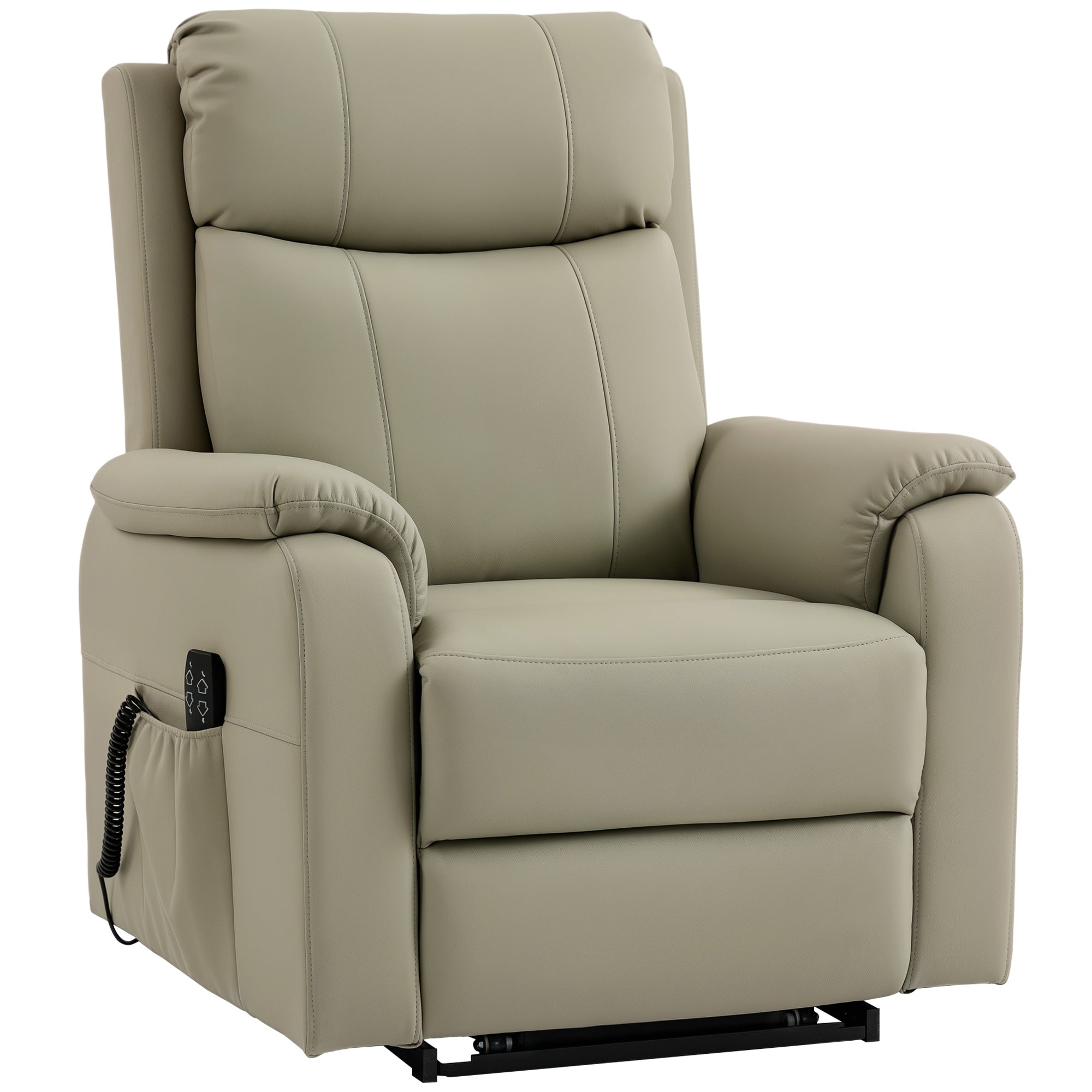 Fauteuil releveur électrique, fauteuil relax électrique, double moteur, dossier inclinable, coussin à ressorts, larges accoudoirs, repose-pied, roulettes, télécommande, poches latérales, crème
