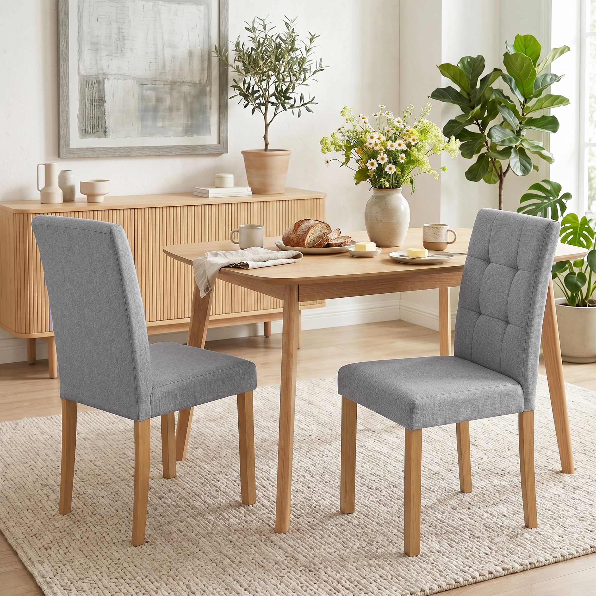 Lot de 2 chaises de salle à manger, chaise de cuisine moderne avec siège rembourré en tissu effet lin et pieds en bois d'hévéa, pour salon, salle à manger, gris clair et naturel