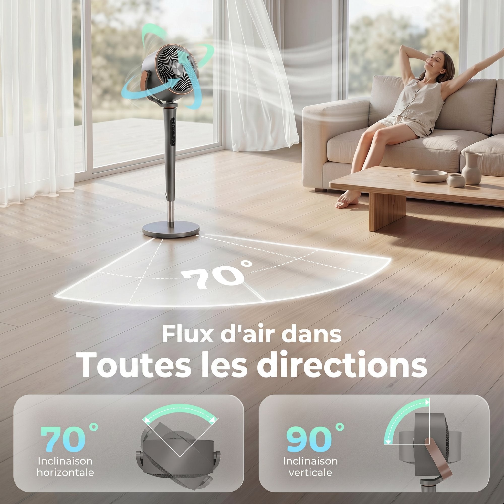 Ventilateur sur pied silencieux 20 dB pour chambre, télécommande, circulateur d'air, oscillation 70°+90°, 12 vitesses, minuterie 12H, lumière LED, moteur BLDC puissant, hauteur réglable, gris