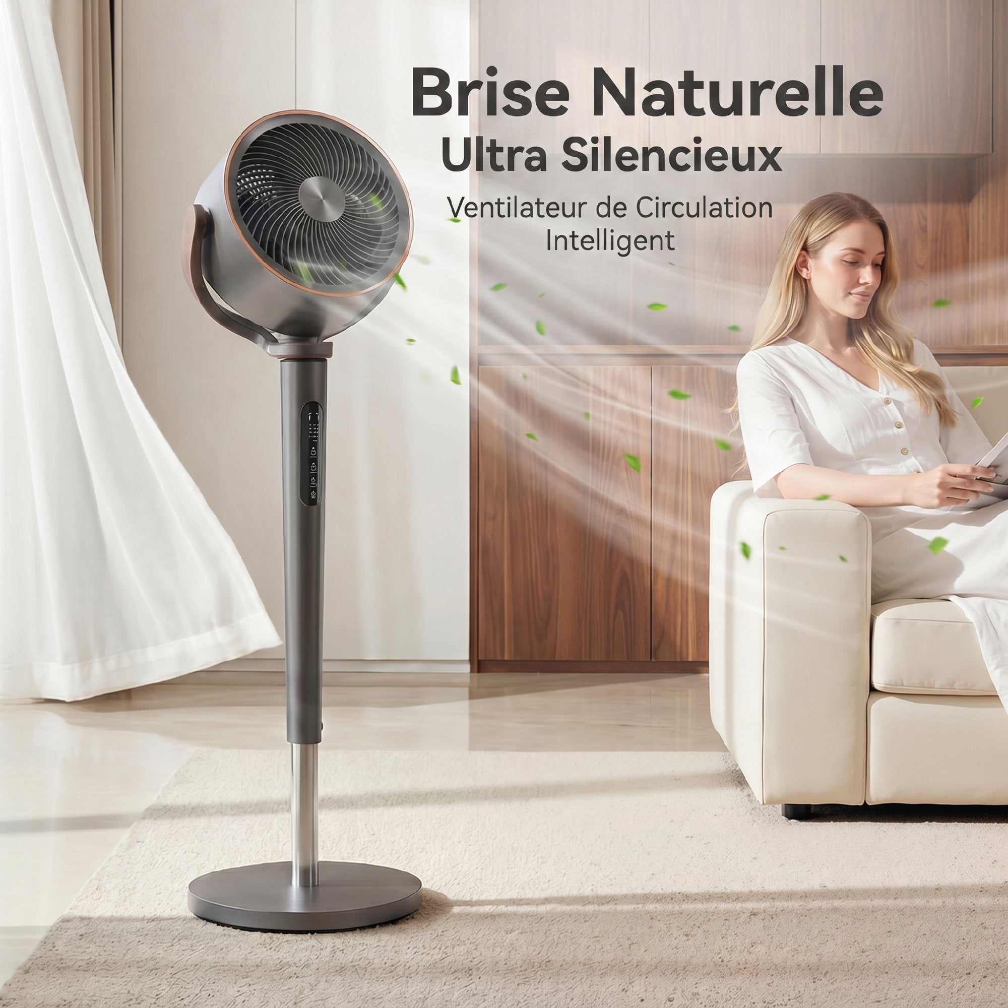 Ventilateur sur pied silencieux 20 dB pour chambre, télécommande, circulateur d'air, oscillation 70°+90°, 12 vitesses, minuterie 12H, lumière LED, moteur BLDC puissant, hauteur réglable, gris