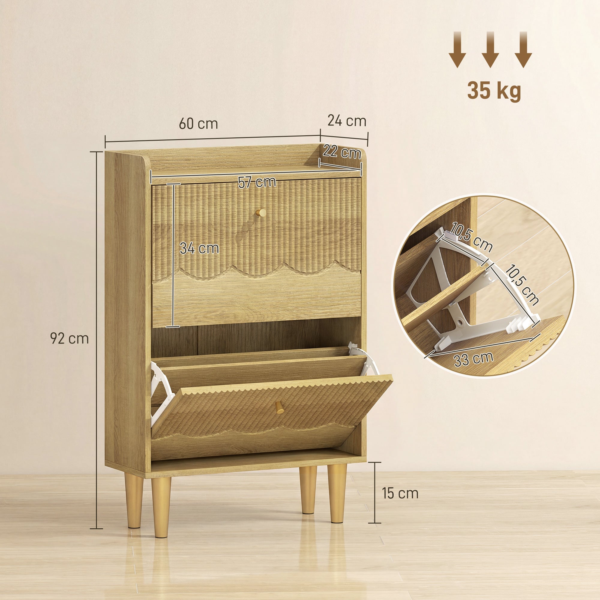 Meuble à chaussures 12 paires, armoire à chaussures étroite, 2 tiroirs rabattables, étagères réglables et plateau supérieur, pour couloir et entrée, 60 x 24 x 92 cm, chêne