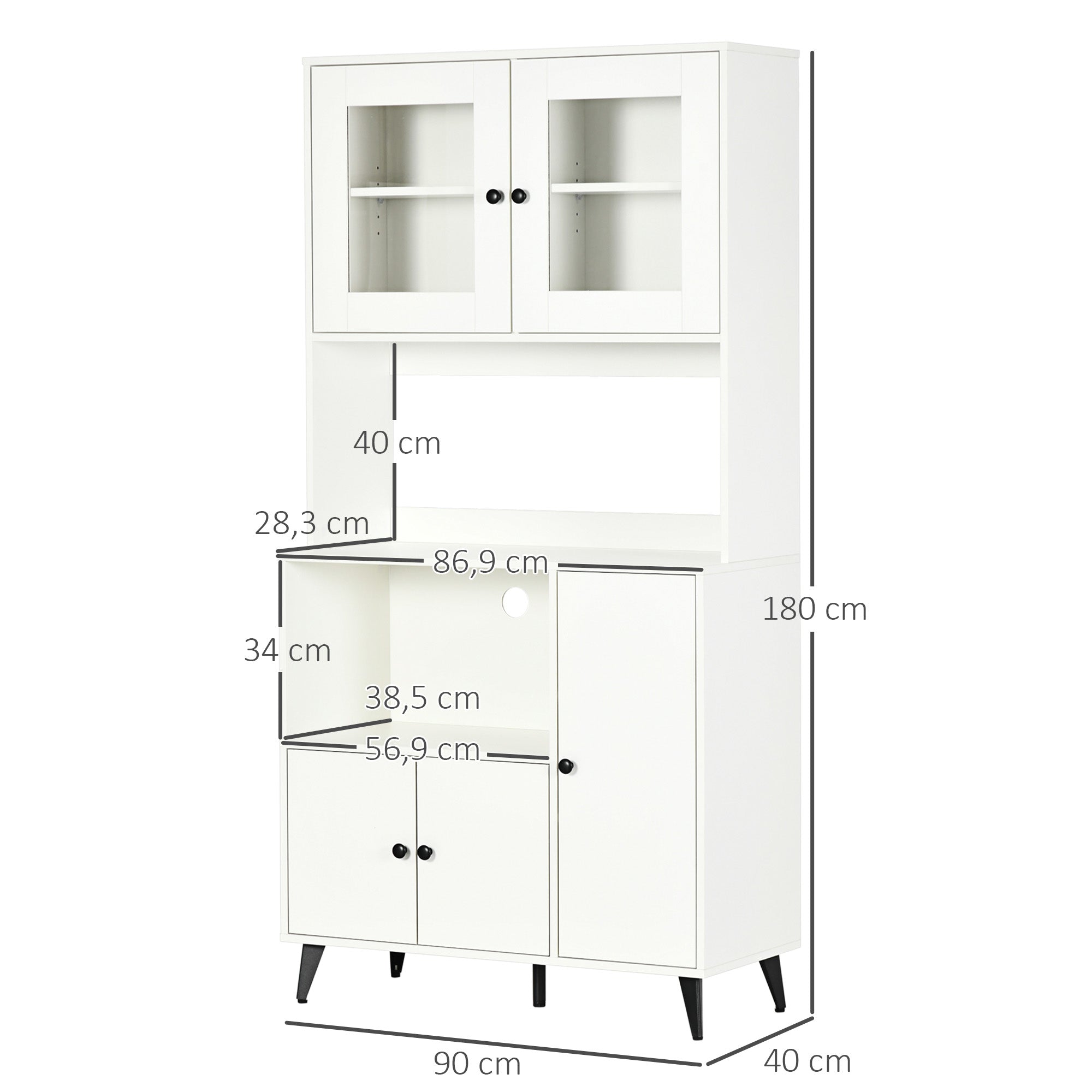 Armoire de cuisine buffet cuisine meuble de rangement avec 3 placards, niches, étagères réglables, portes vitrées, passe-câble, meuble micro onde pour salle à manger, salon, 90x40x180cm, blanc