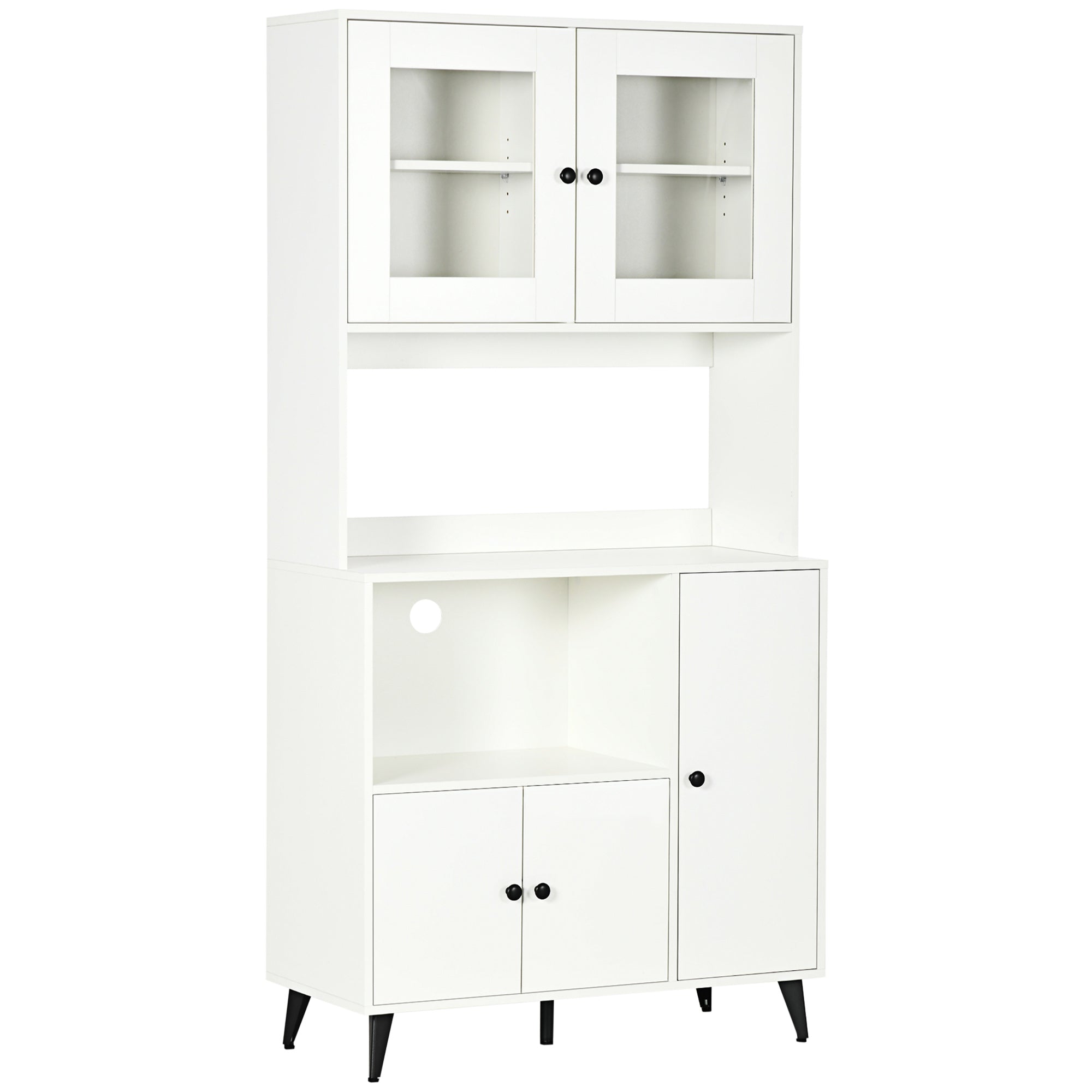 Armoire de cuisine buffet cuisine meuble de rangement avec 3 placards, niches, étagères réglables, portes vitrées, passe-câble, meuble micro onde pour salle à manger, salon, 90x40x180cm, blanc