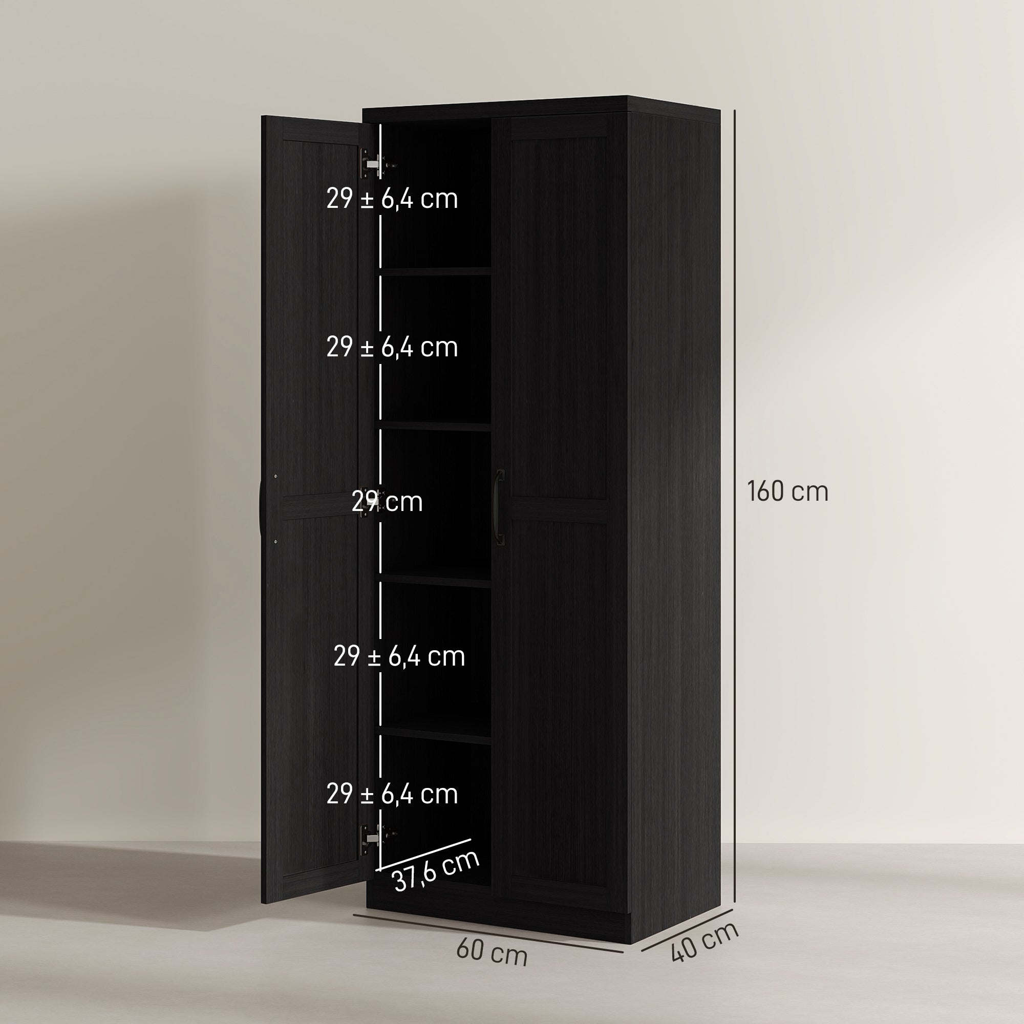 Buffet cuisine, meuble cuisine rangement, meuble de rangement, vaisselier moderne avec double porte et 2 étagères réglables, pour salle à manger, salon, 60 x 40 x 160 cm, noir