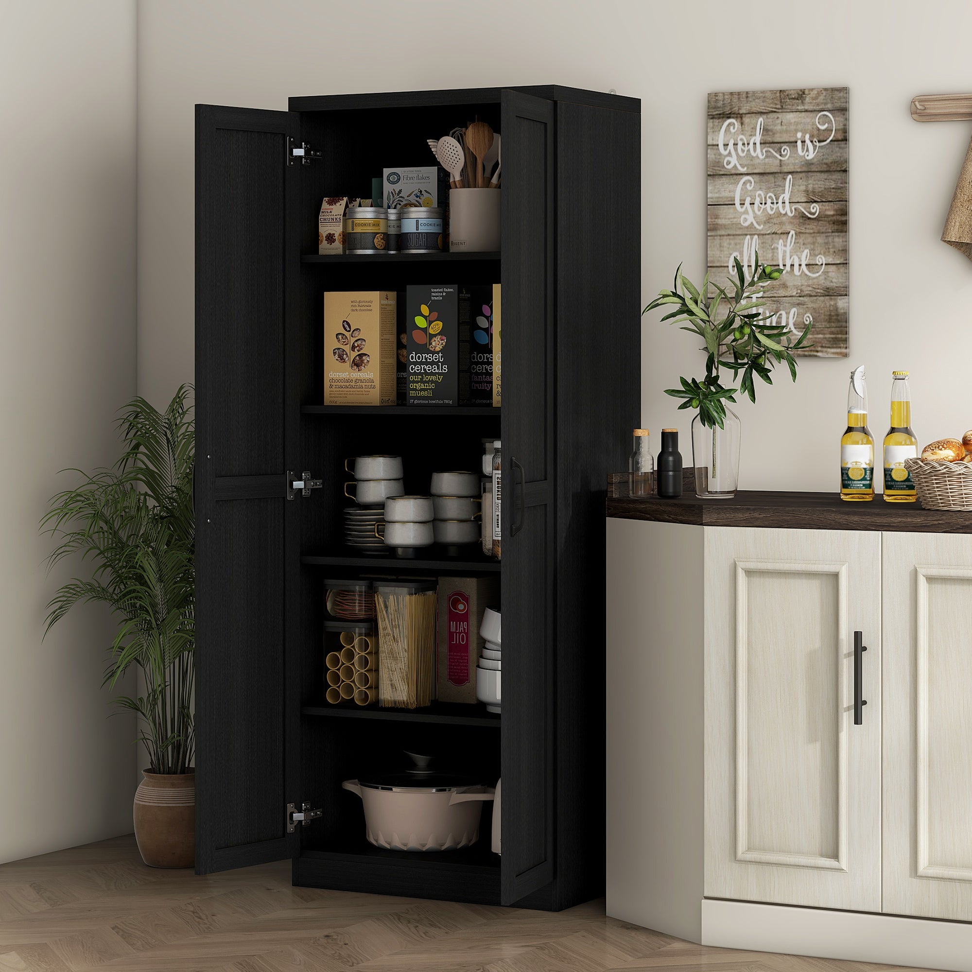 Buffet cuisine, meuble cuisine rangement, meuble de rangement, vaisselier moderne avec double porte et 2 étagères réglables, pour salle à manger, salon, 60 x 40 x 160 cm, noir
