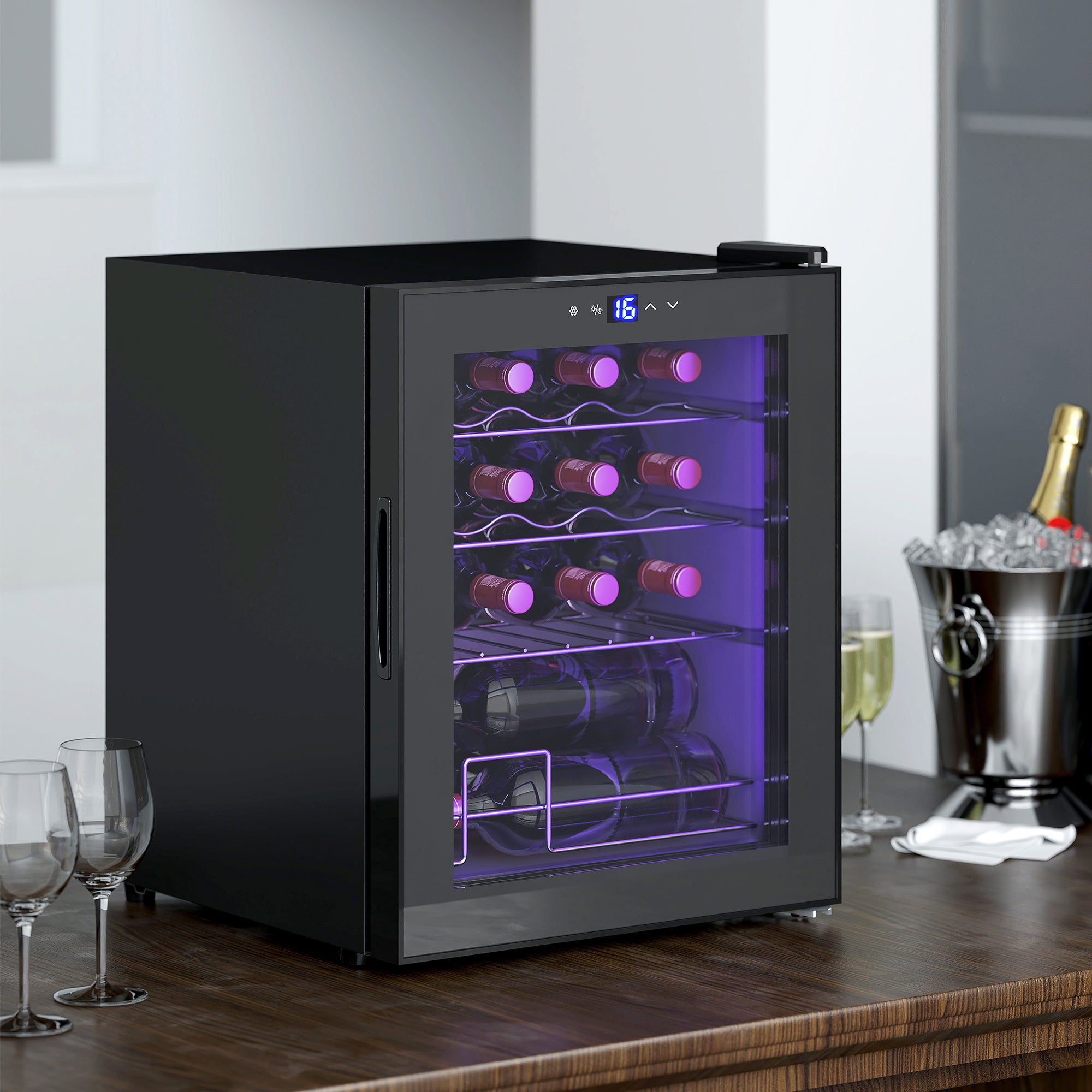 Cave à Vin 16 Bouteilles 42L, Réfrigérateur à Vin et Boissons avec Température Réglable 5-18°C, Porte en Verre Trempé, Étagères Ajustables, Écran Tactile, Éclairage LED, Noir