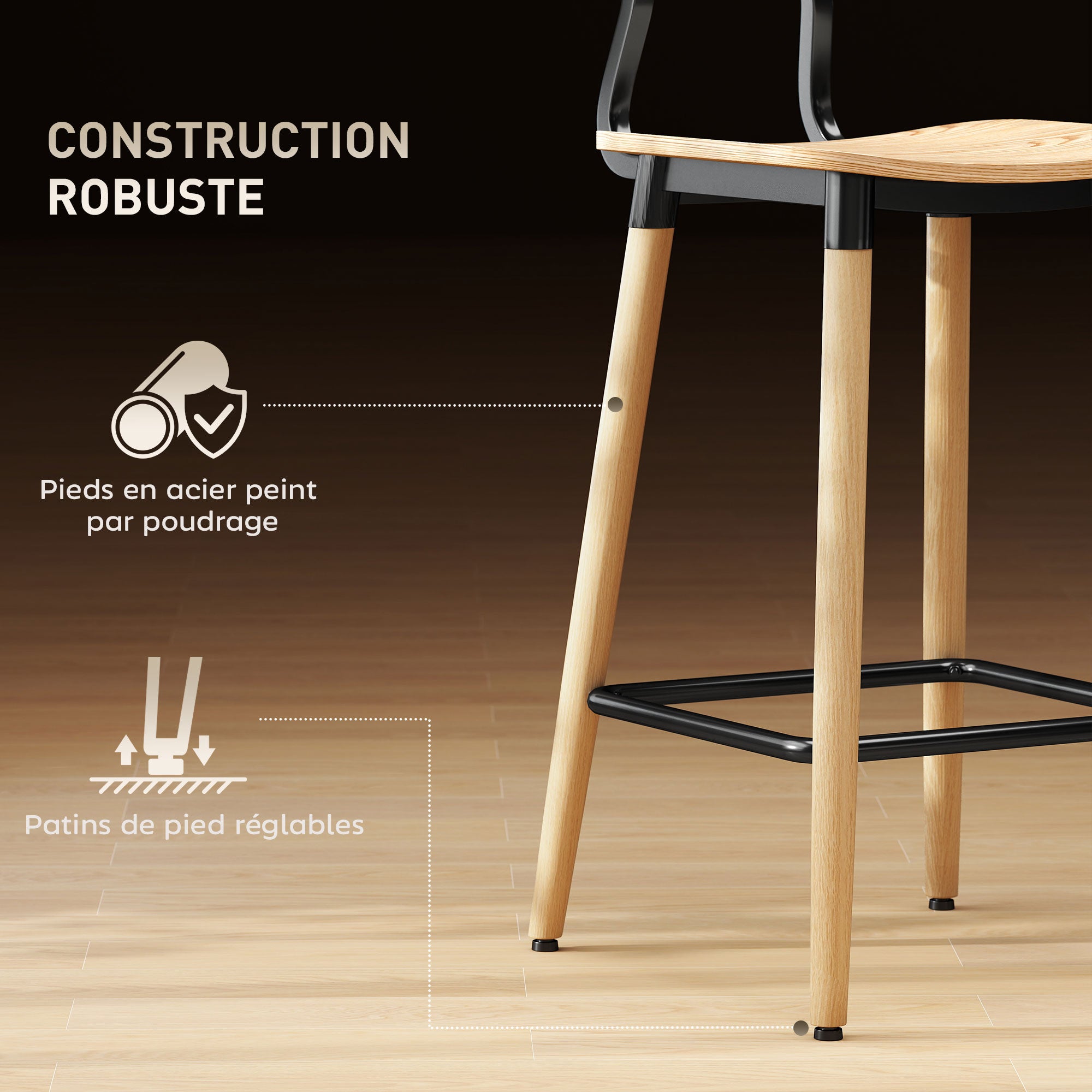 Lot de 2 tabourets de bar, chaises de bar, structure en acier, chaise haute cuisine avec dossier, hauteur réglable et repose-pieds, pieds en acier, hauteur du 94 cm, effet bois naturel