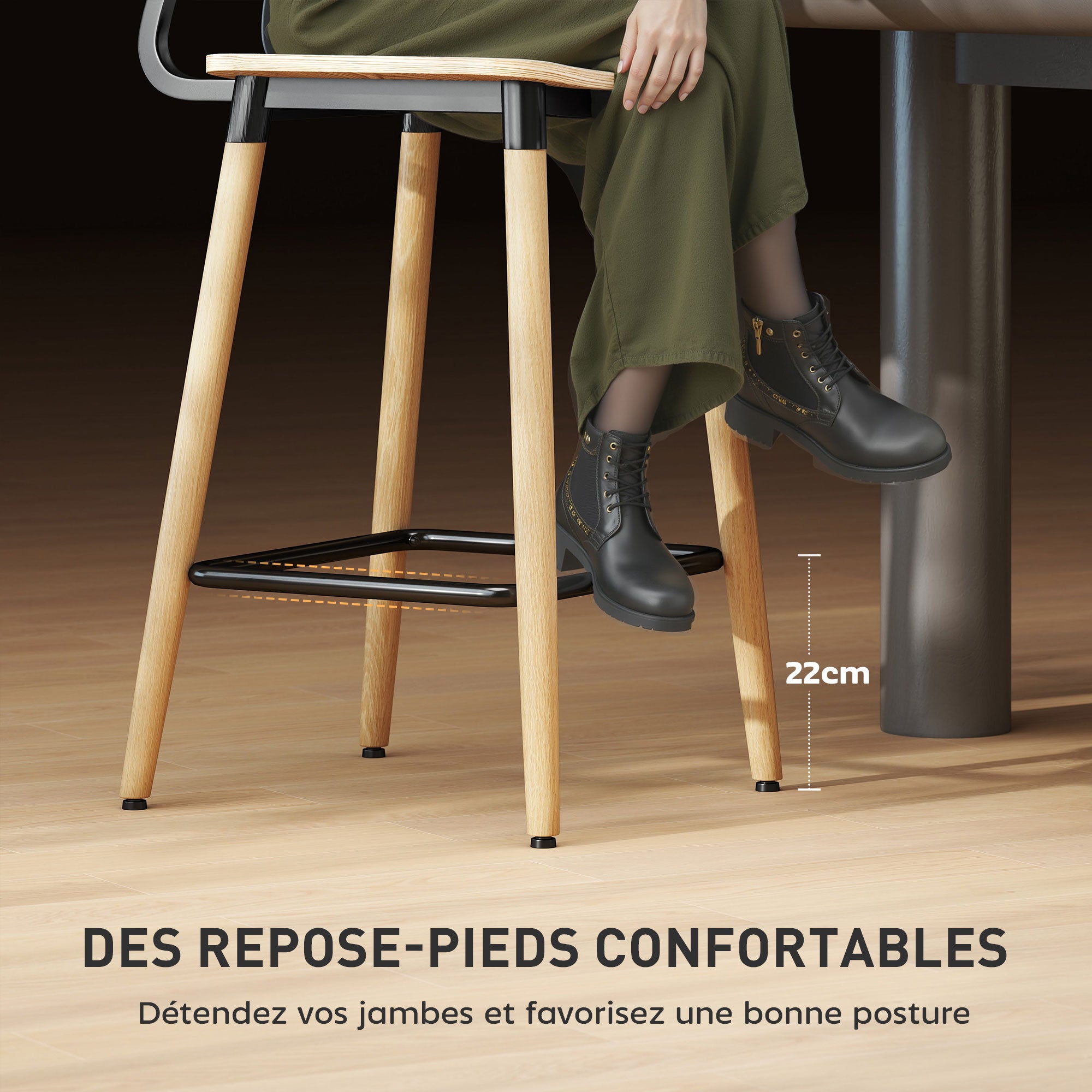 Lot de 2 tabourets de bar, chaises de bar, structure en acier, chaise haute cuisine avec dossier, hauteur réglable et repose-pieds, pieds en acier, hauteur du 94 cm, effet bois naturel