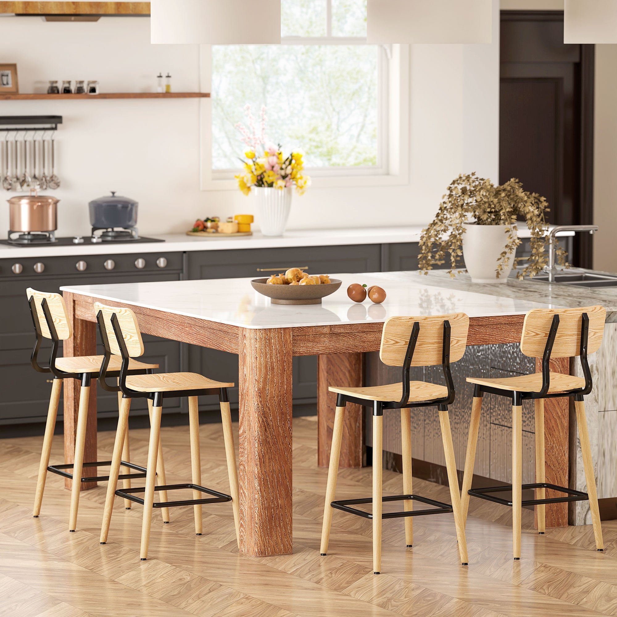 Lot de 2 tabourets de bar, chaises de bar, structure en acier, chaise haute cuisine avec dossier, hauteur réglable et repose-pieds, pieds en acier, hauteur du 94 cm, effet bois naturel