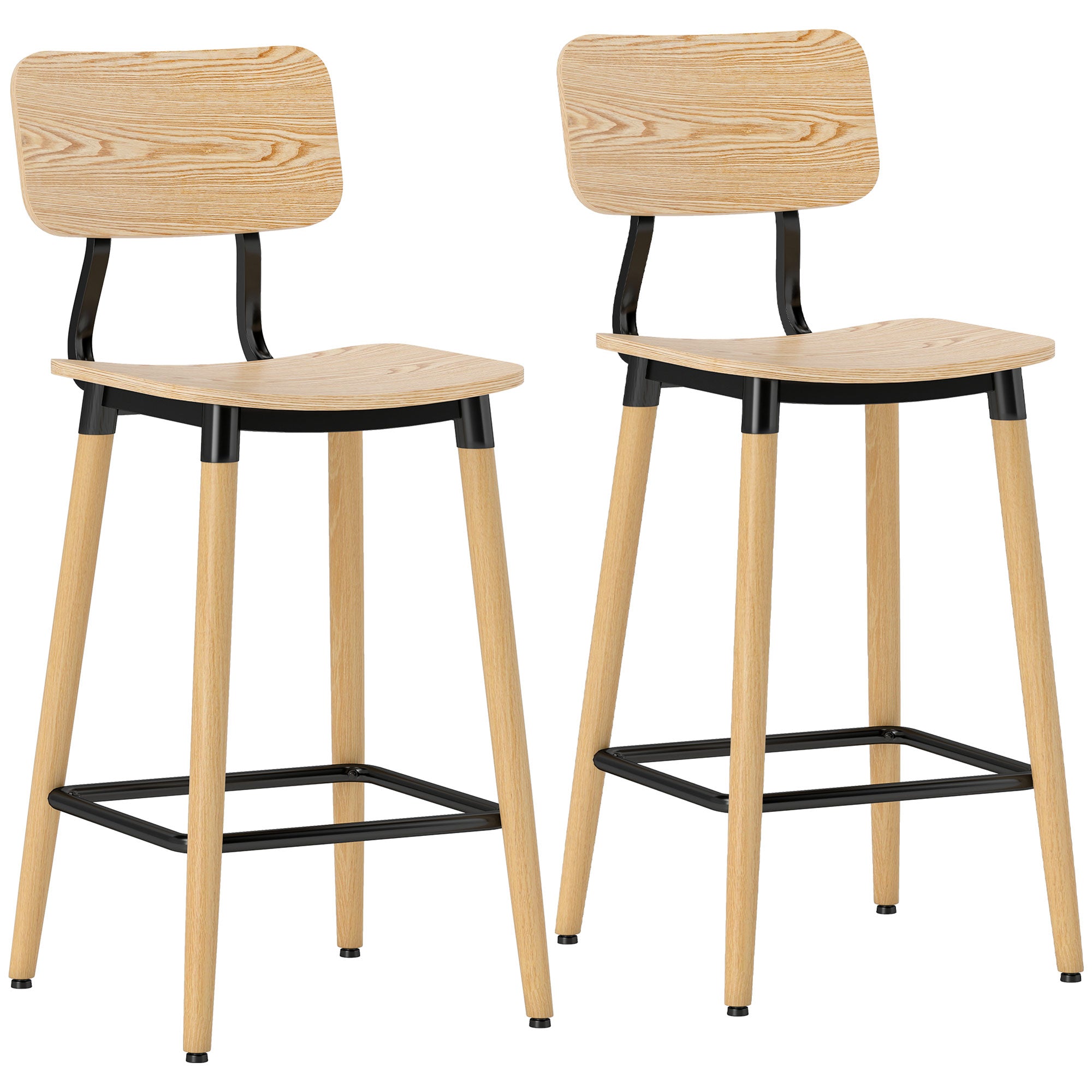 Lot de 2 tabourets de bar, chaises de bar, structure en acier, chaise haute cuisine avec dossier, hauteur réglable et repose-pieds, pieds en acier, hauteur du 94 cm, effet bois naturel