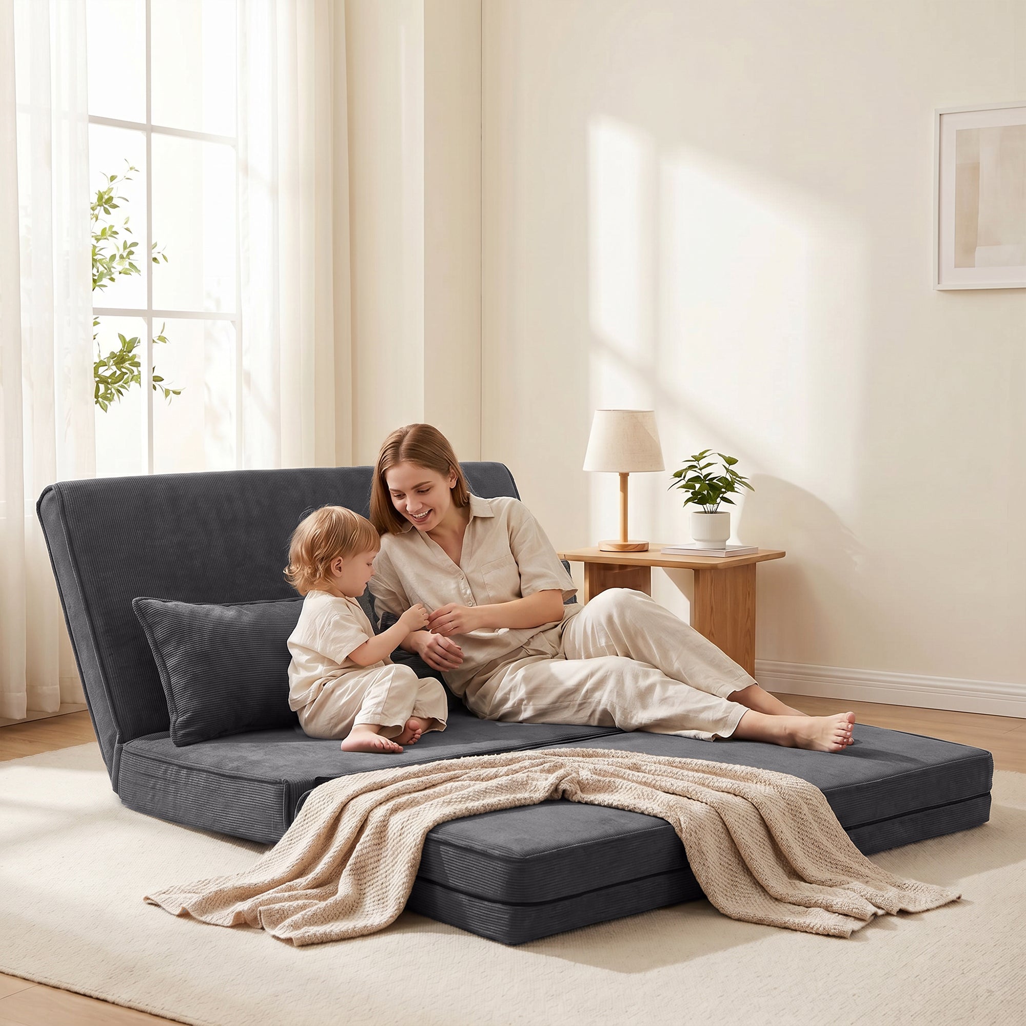 Canapé-Lit Pliant, Chauffeuse 2 Places Convertible Velours Côtelé, Matelas Pliable, Dossier Réglable, Assise Large, Coussin Épais et 2 Oreillers, pour Salon, Chambre et Bureau, Gris Foncé