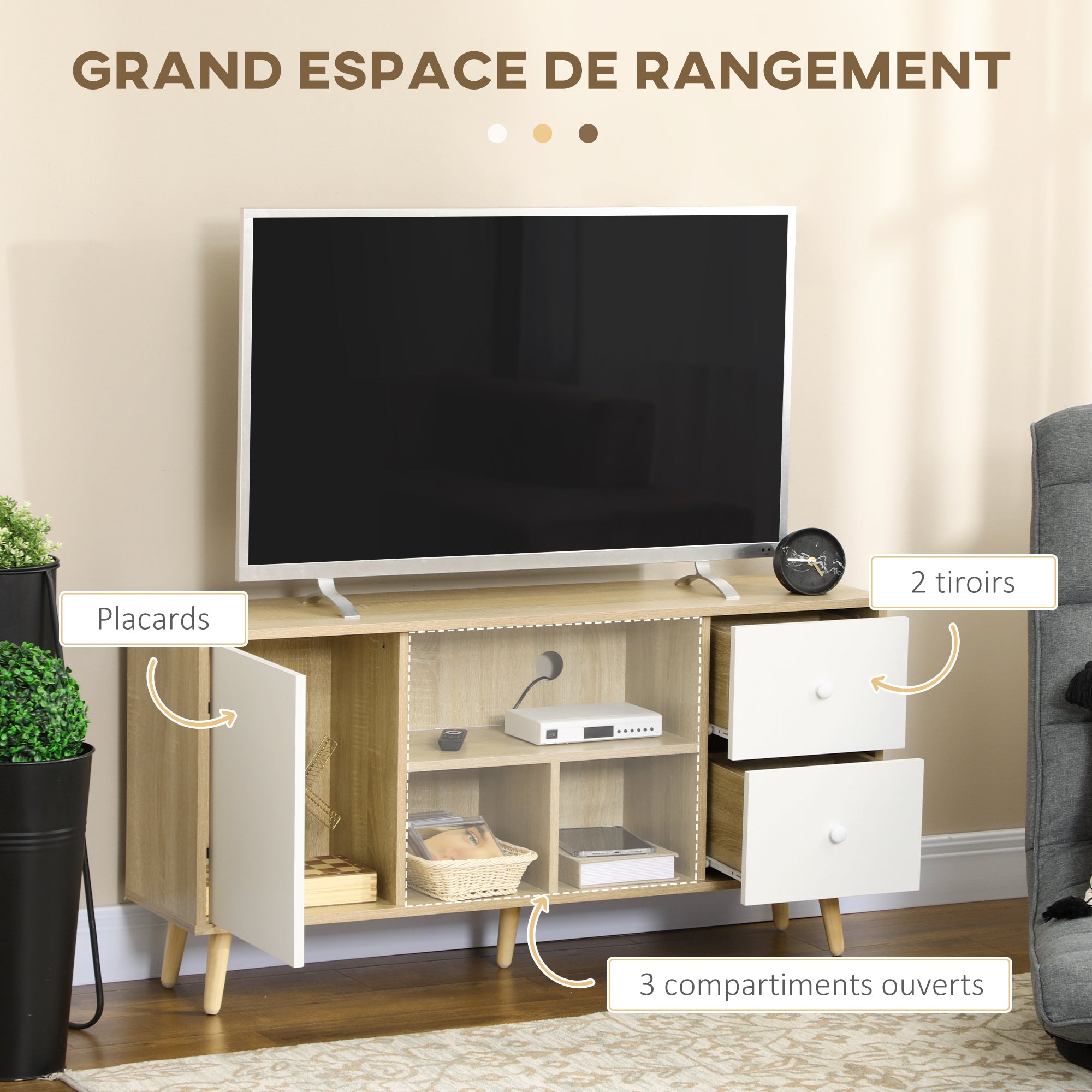 Meuble TV banc TV pour télévision jusqu'à 45 pouces pieds en bois massif style scandinave 3 niches 1 placard avec porte et 2 tiroirs 120 x 30 x 60 cm