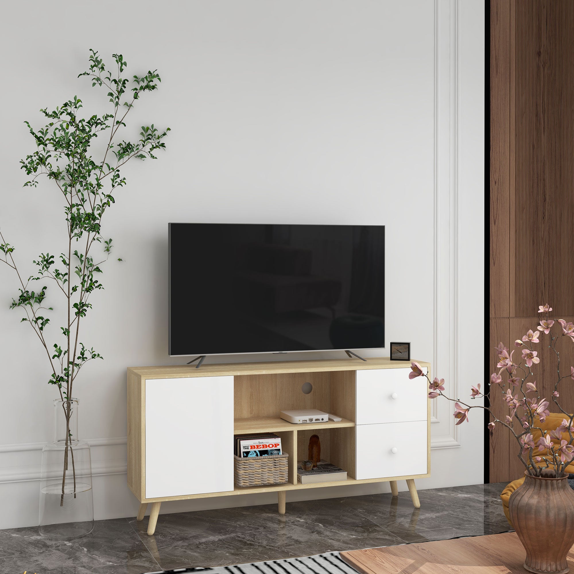 Meuble TV banc TV pour télévision jusqu'à 45 pouces pieds en bois massif style scandinave 3 niches 1 placard avec porte et 2 tiroirs 120 x 30 x 60 cm