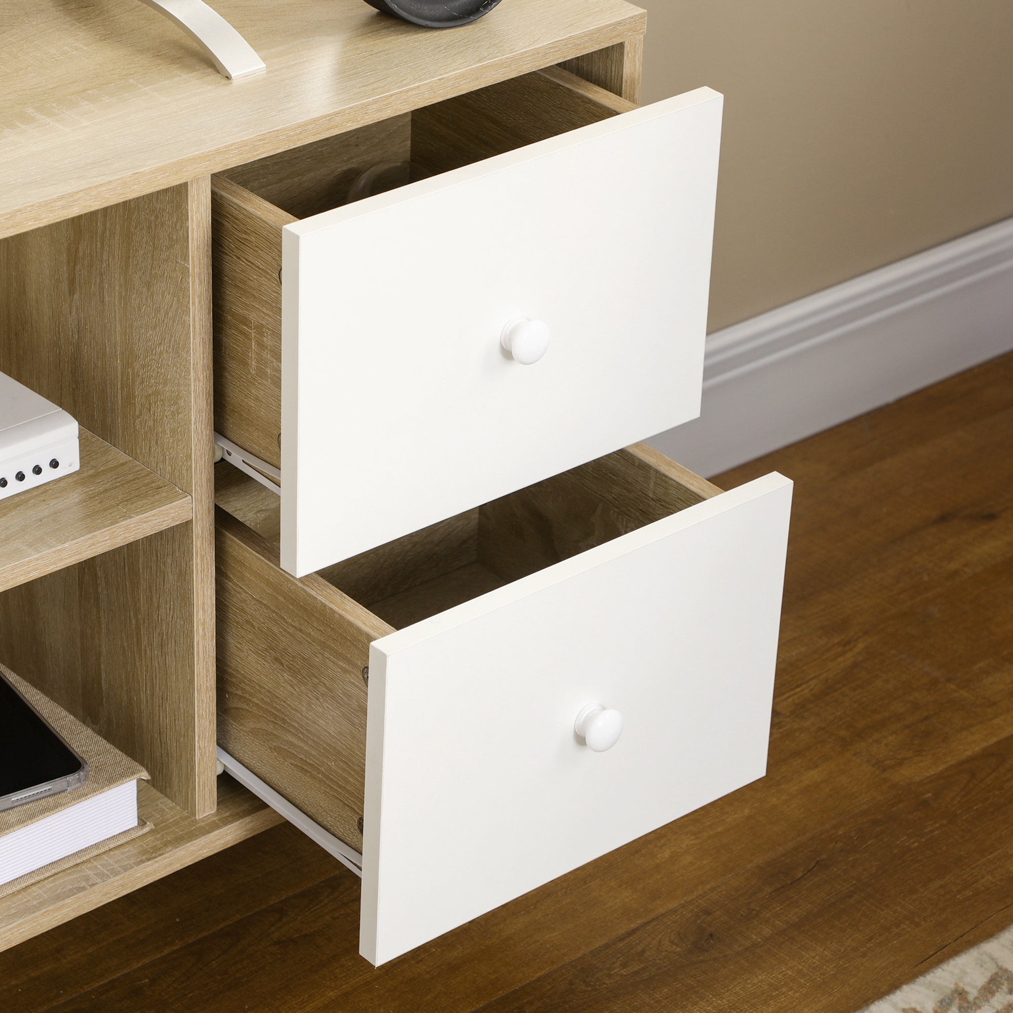 Meuble TV banc TV pour télévision jusqu'à 45 pouces pieds en bois massif style scandinave 3 niches 1 placard avec porte et 2 tiroirs 120 x 30 x 60 cm