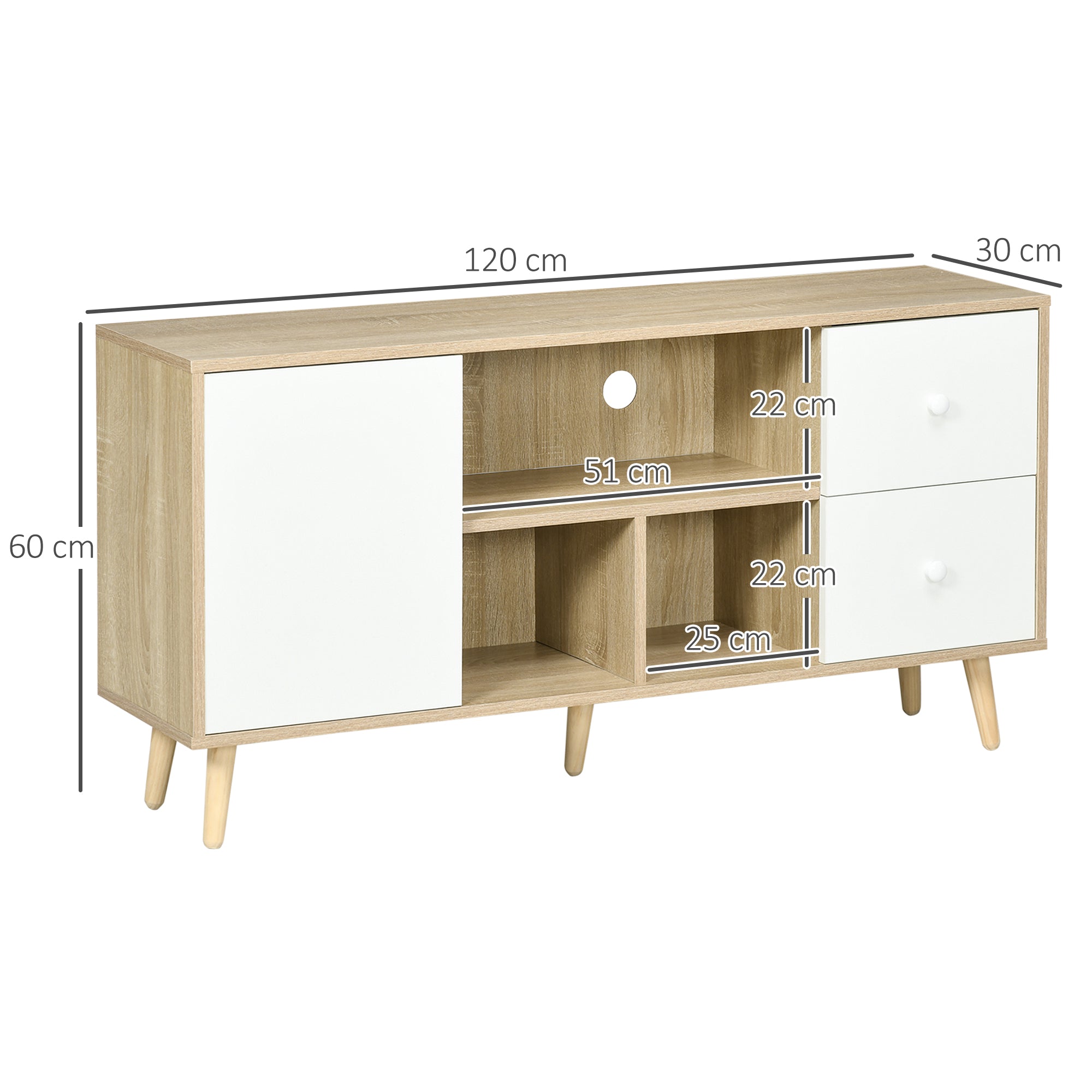 Meuble TV banc TV pour télévision jusqu'à 45 pouces pieds en bois massif style scandinave 3 niches 1 placard avec porte et 2 tiroirs 120 x 30 x 60 cm