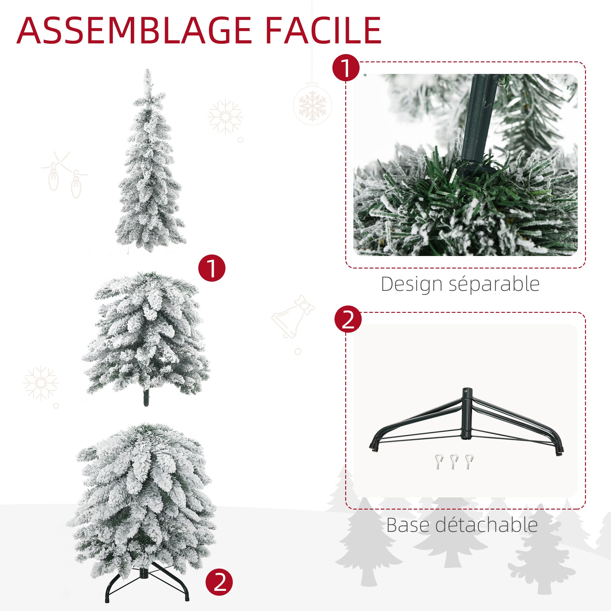 Arbre de Noël artificiel 135 cm sapin de Noël avec support en acier 253 branches enneigées socle pliable vert