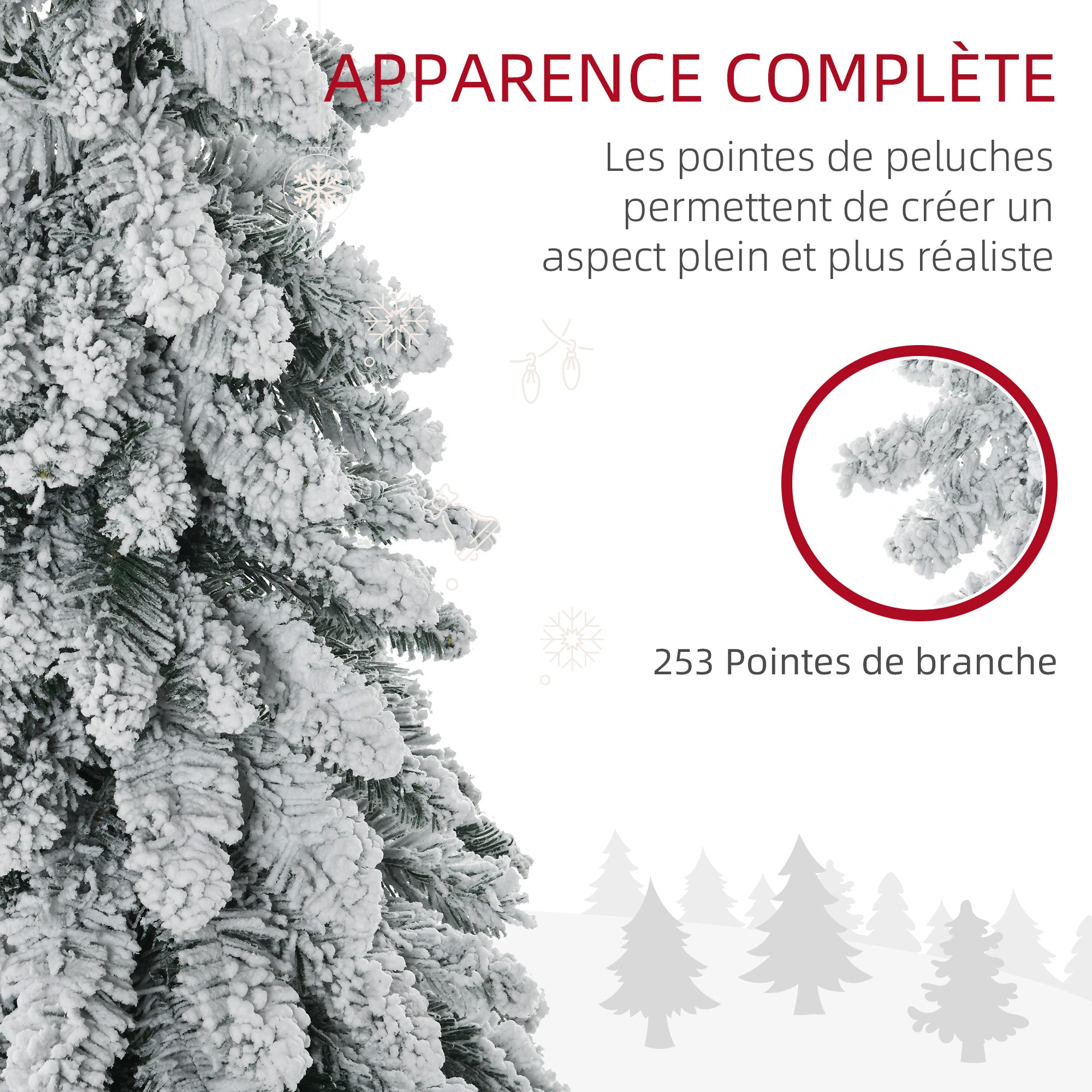 Arbre de Noël artificiel 135 cm sapin de Noël avec support en acier 253 branches enneigées socle pliable vert