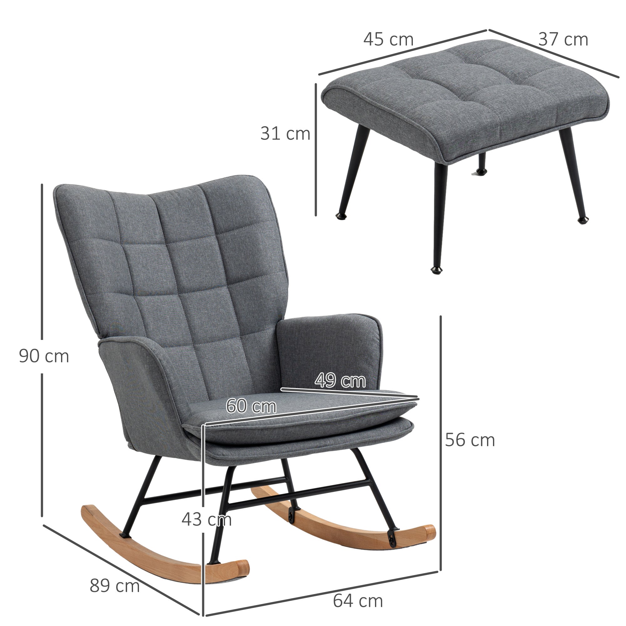 Fauteuil à bascule avec repose-pieds, rocking chair en tissu aspect lin, assise large, dossier haut, coussin inclus, chaise à bascule pour salon, chambre, gris