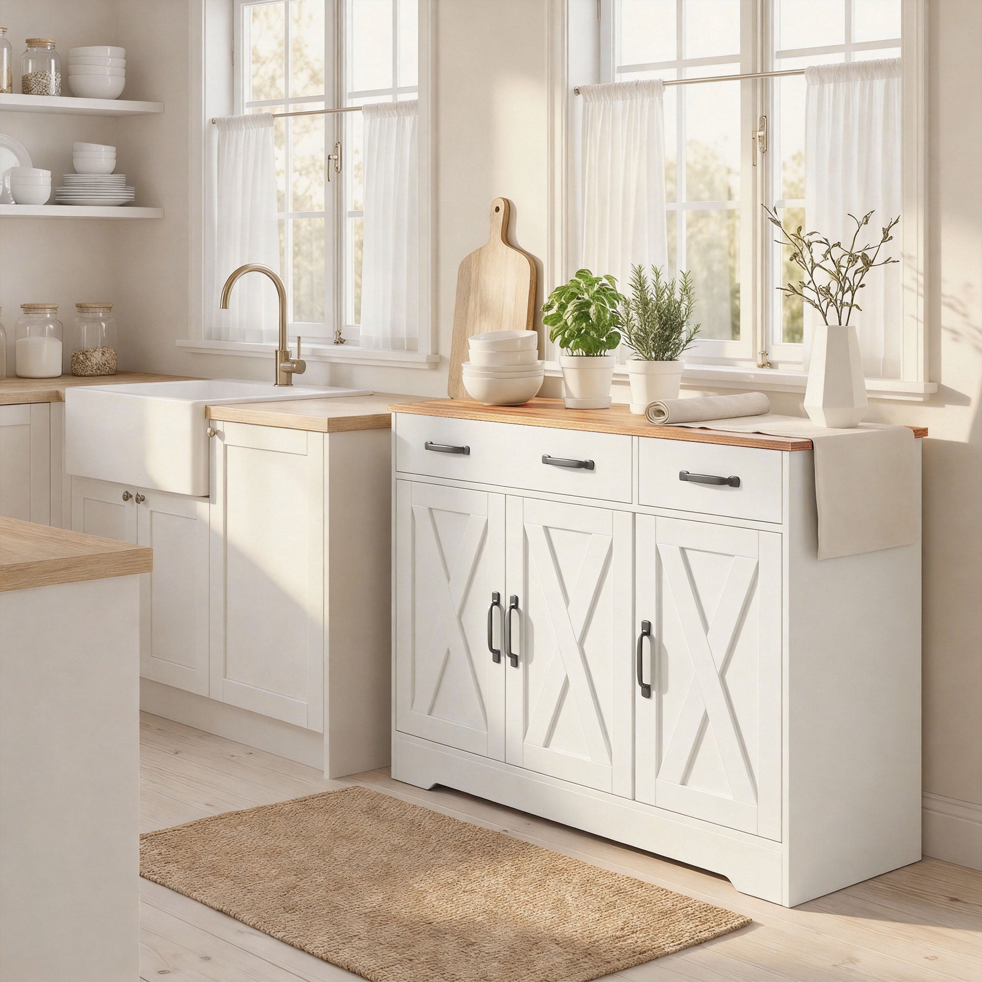 Buffet Cuisine, Meuble de Rangement avec 3 Portes de Grange, 2 Tiroirs et Étagères Réglables, Meuble TV pour Téléviseurs Jusqu'à 50 Pouces, pour Salon et Chambre, 108 x 40 x 81 cm, Blanc