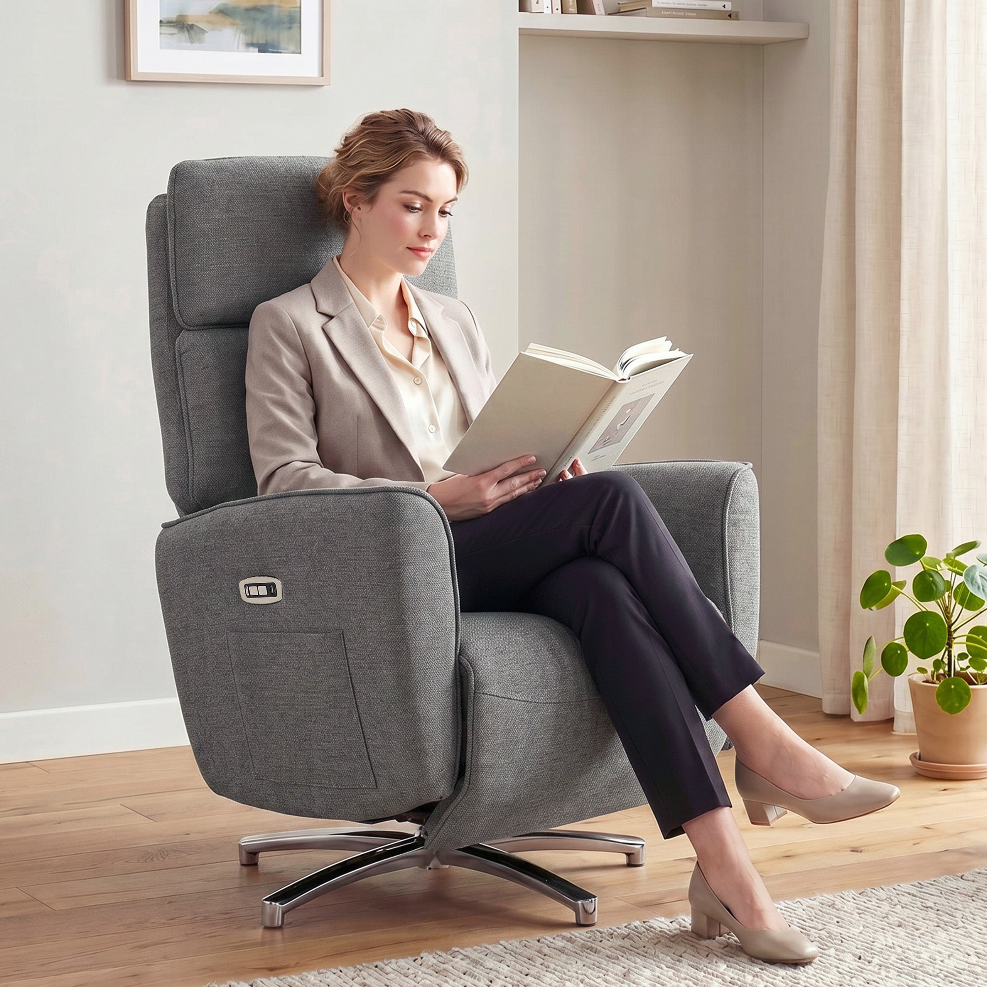 Fauteuil Relax Électrique Pivotant 360° avec Appui-Tête Réglable, Ports USB, Fauteuil Inclinable en Lin, 2 Moteurs, Repose-Pieds, Poches Latérales, Ressorts Ensachés, pour Chambre, Salon, Gris