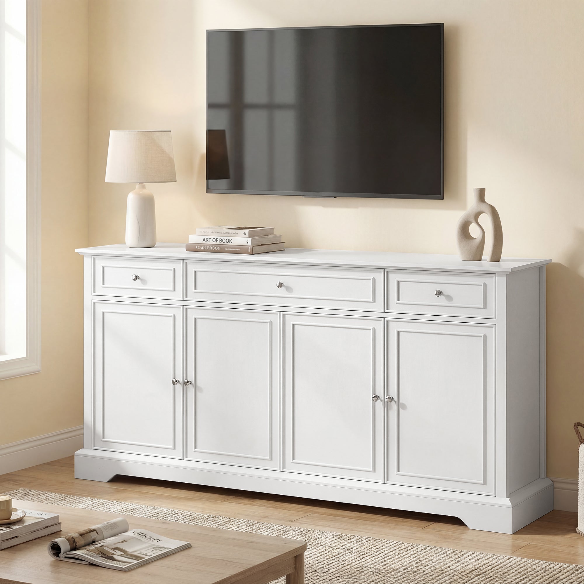 Buffet salon, meuble de rangement avec 3 tiroirs, 4 portes à fermeture douce et étagères réglables, style moderne, meuble TV jusqu'à 55", buffet salle à manger et cuisine, 136x38x80cm, blanc