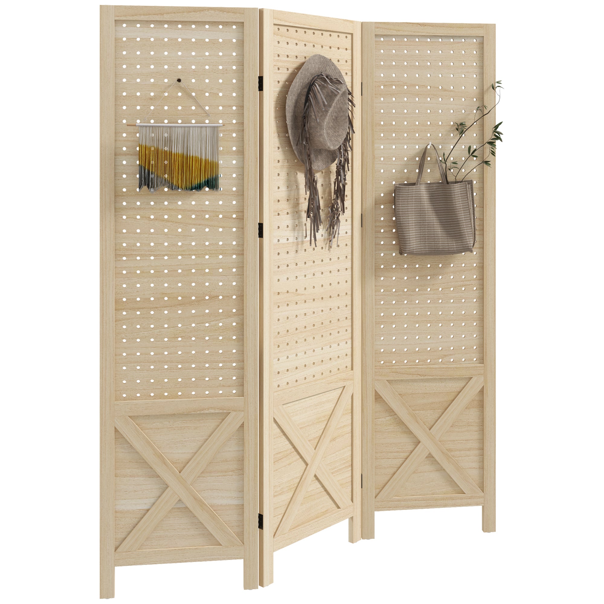 Paravent intérieur en bois, 3 panneaux, 114 x 144,5 cm, panneau perforé, séparateur de pièce pliable, Panneau perforé pour salon, chambre à coucher, maison, bois naturel