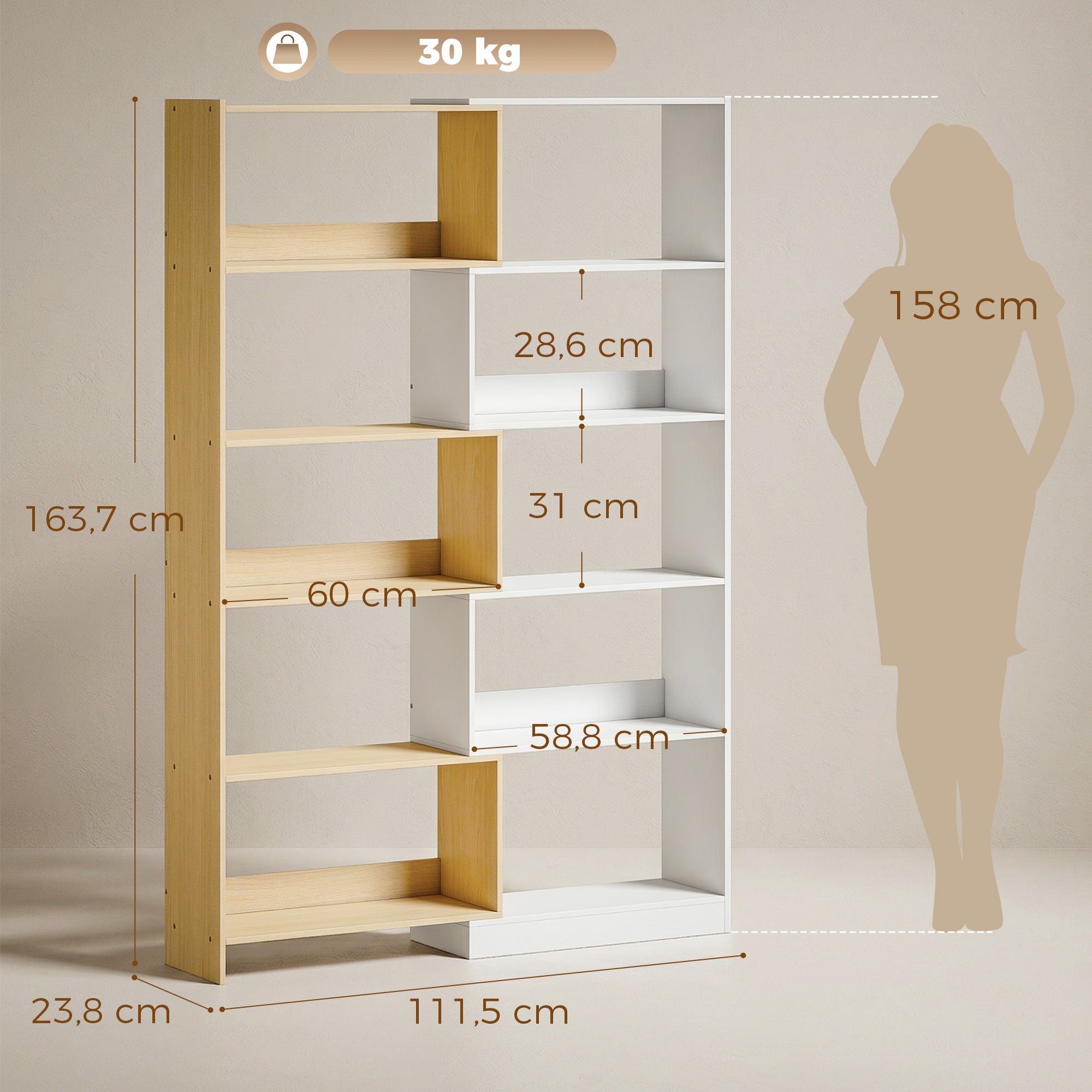 Bibliothèque d'angle rotative 350° à 5 niveaux, étagère de rangement extensible en forme L, 60-111x24x164cm, style moderne, meuble de rangement pour salon, bureau, petit espace, chêne et blanc