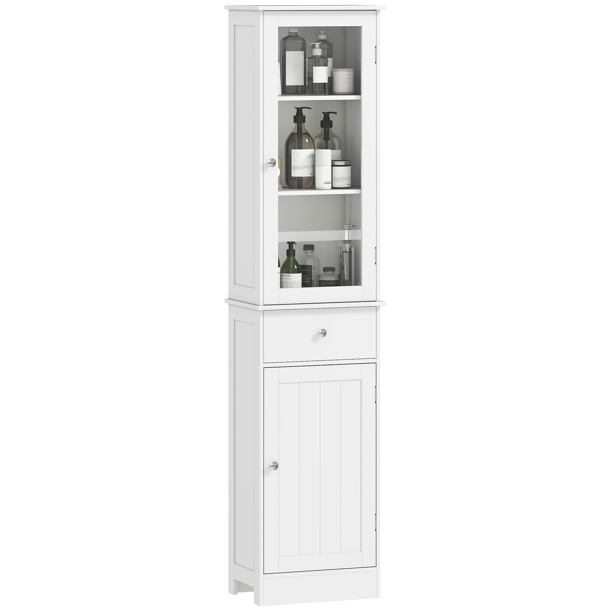 Meuble Colonne de Salle de Bain Placard Porte Acrylique 2 étagères Placard Porte 1 étagère tiroir MDF Blanc