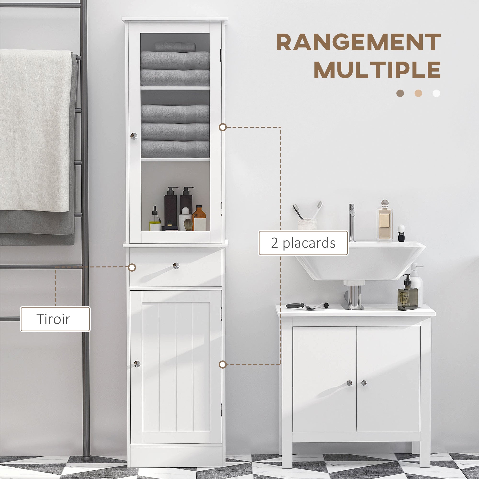 Meuble Colonne de Salle de Bain Placard Porte Acrylique 2 étagères Placard Porte 1 étagère tiroir MDF Blanc