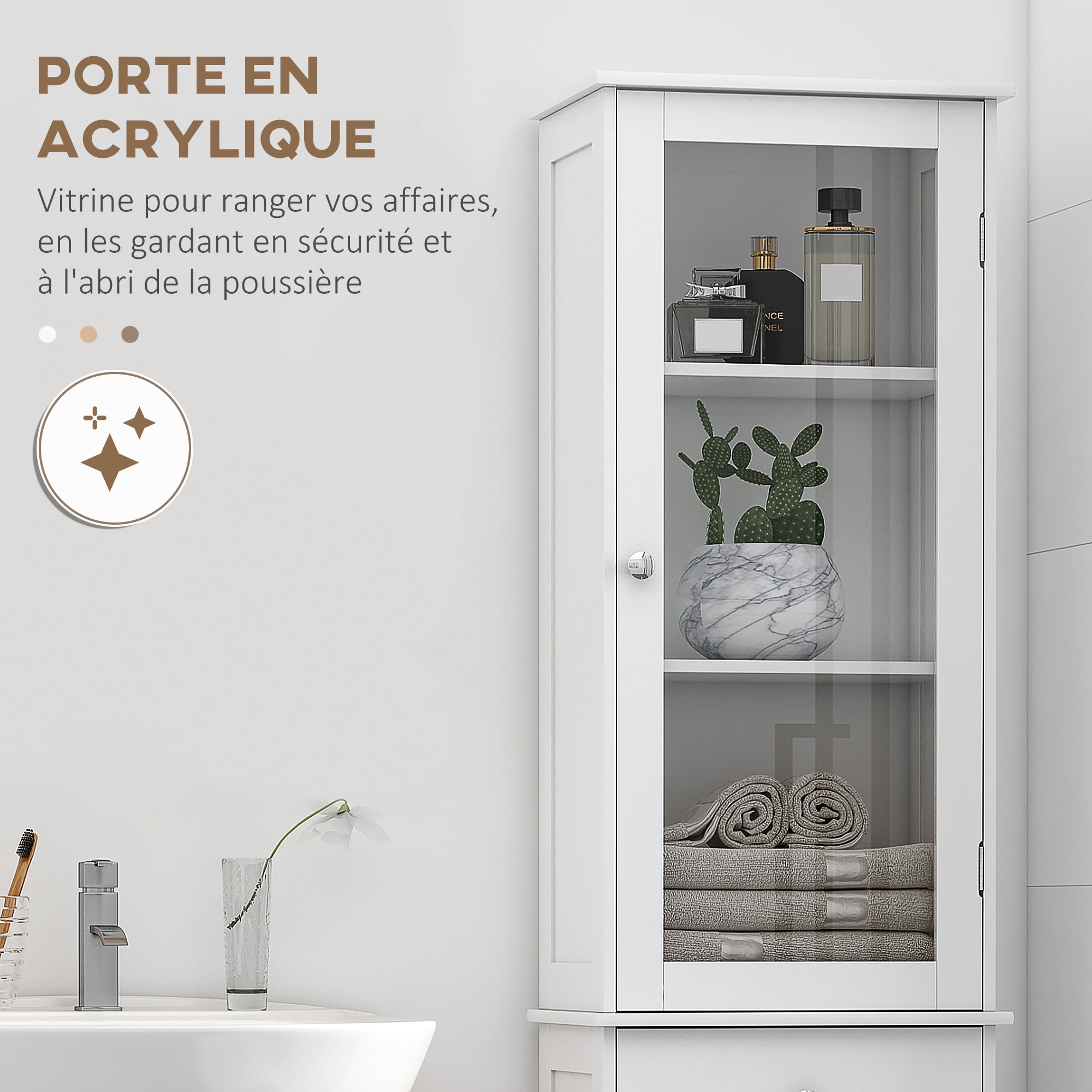 Meuble Colonne de Salle de Bain Placard Porte Acrylique 2 étagères Placard Porte 1 étagère tiroir MDF Blanc