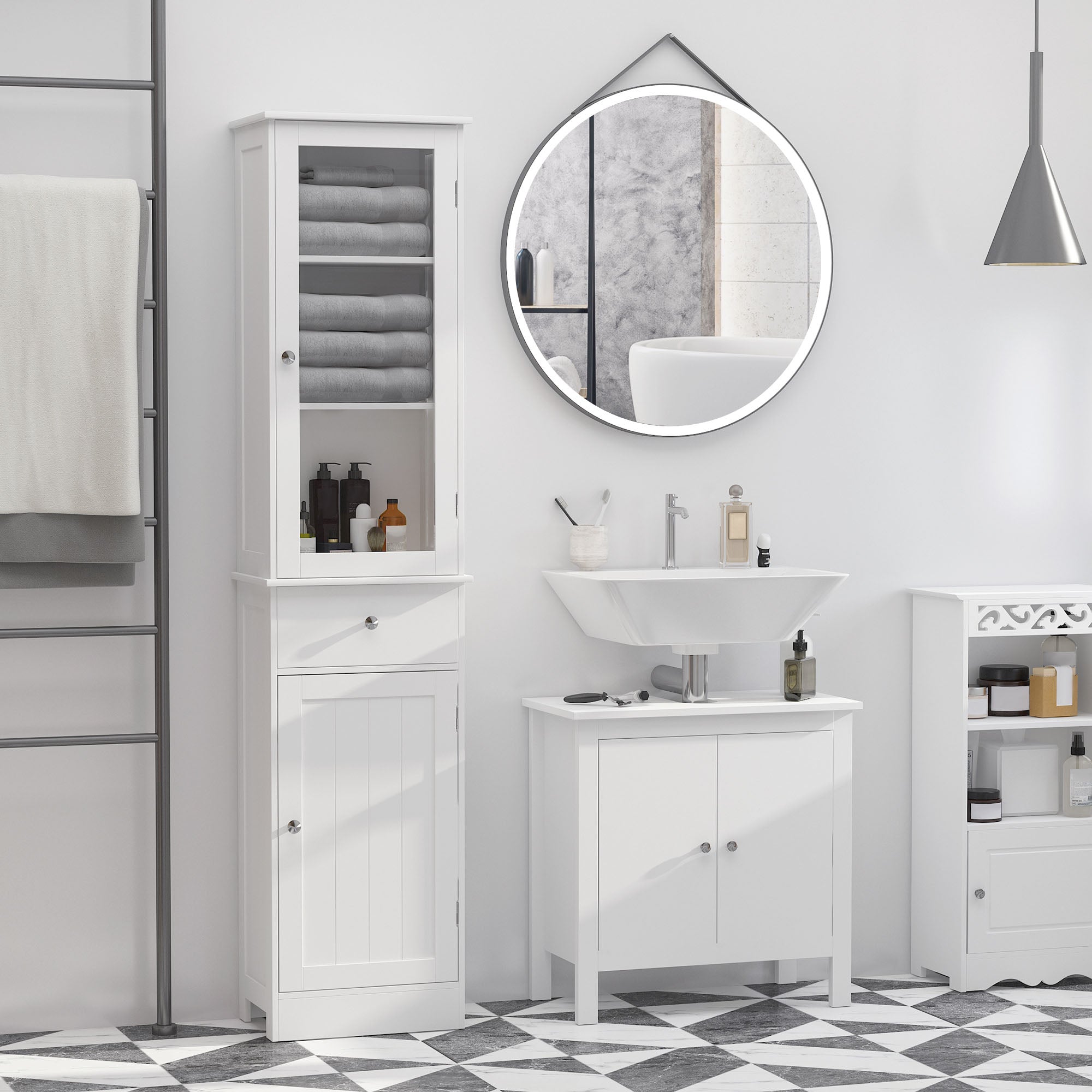Meuble Colonne de Salle de Bain Placard Porte Acrylique 2 étagères Placard Porte 1 étagère tiroir MDF Blanc