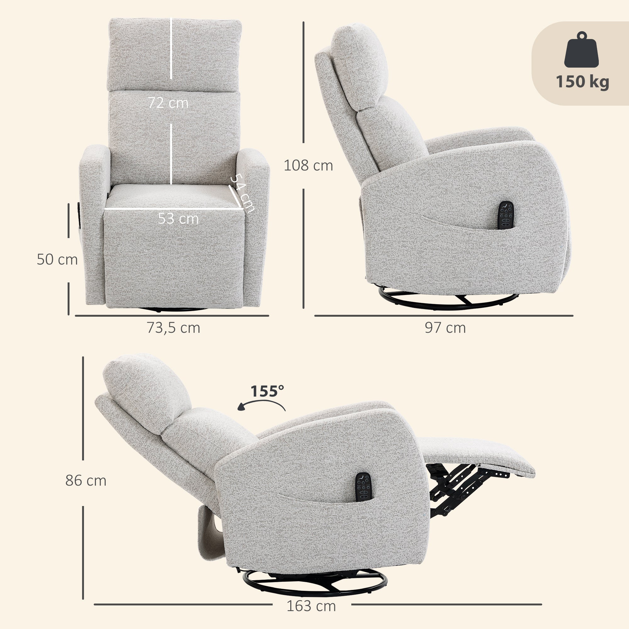 Fauteuil inclinable de massage et chauffage, fauteuil de relaxation en chenille, dossier réglable, pivotant 360°, poches latérales, télécommande, charge 150 kg, pour salon, chambre, crème