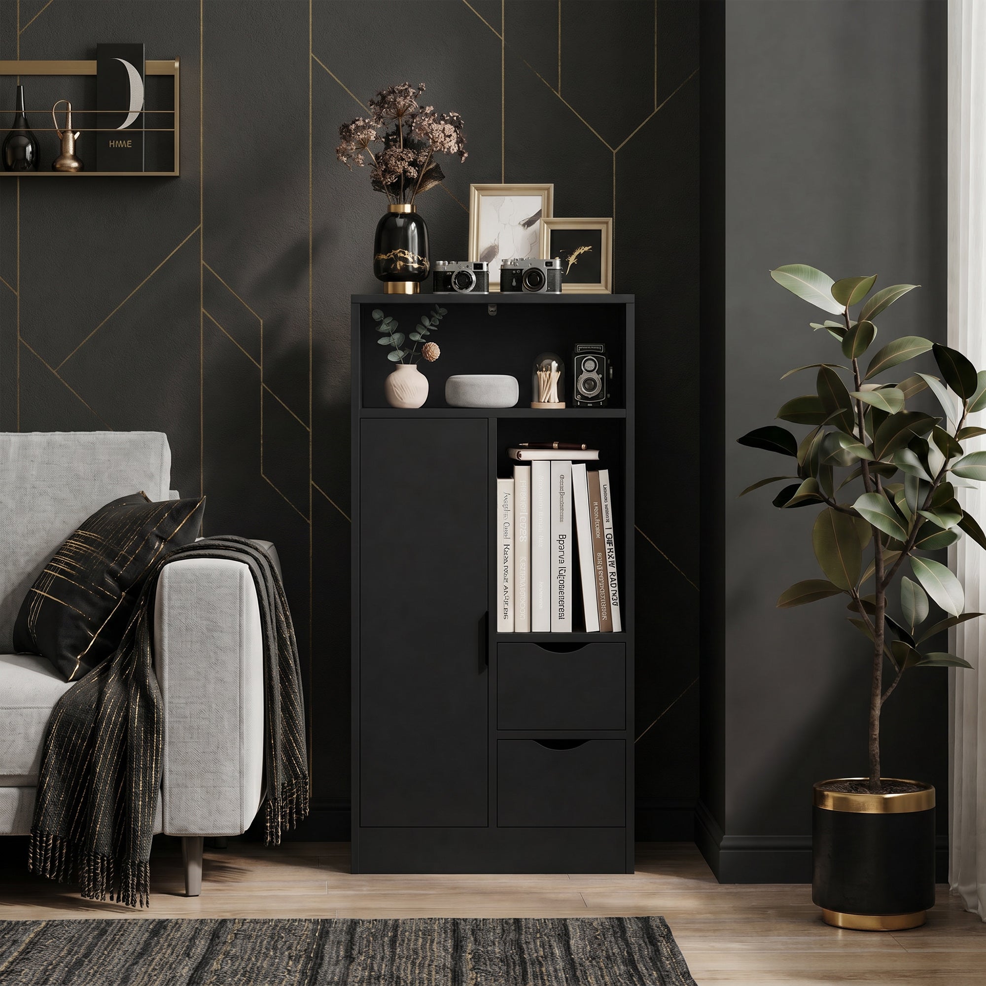 Meuble de salle de bain, meuble de rangement étroit avec 2 tiroirs, 1 porte, 2 compartiments ouverts et étagère réglable, armoire salle de bain, salon, chambre, 50 x 25 x 100 cm, noir