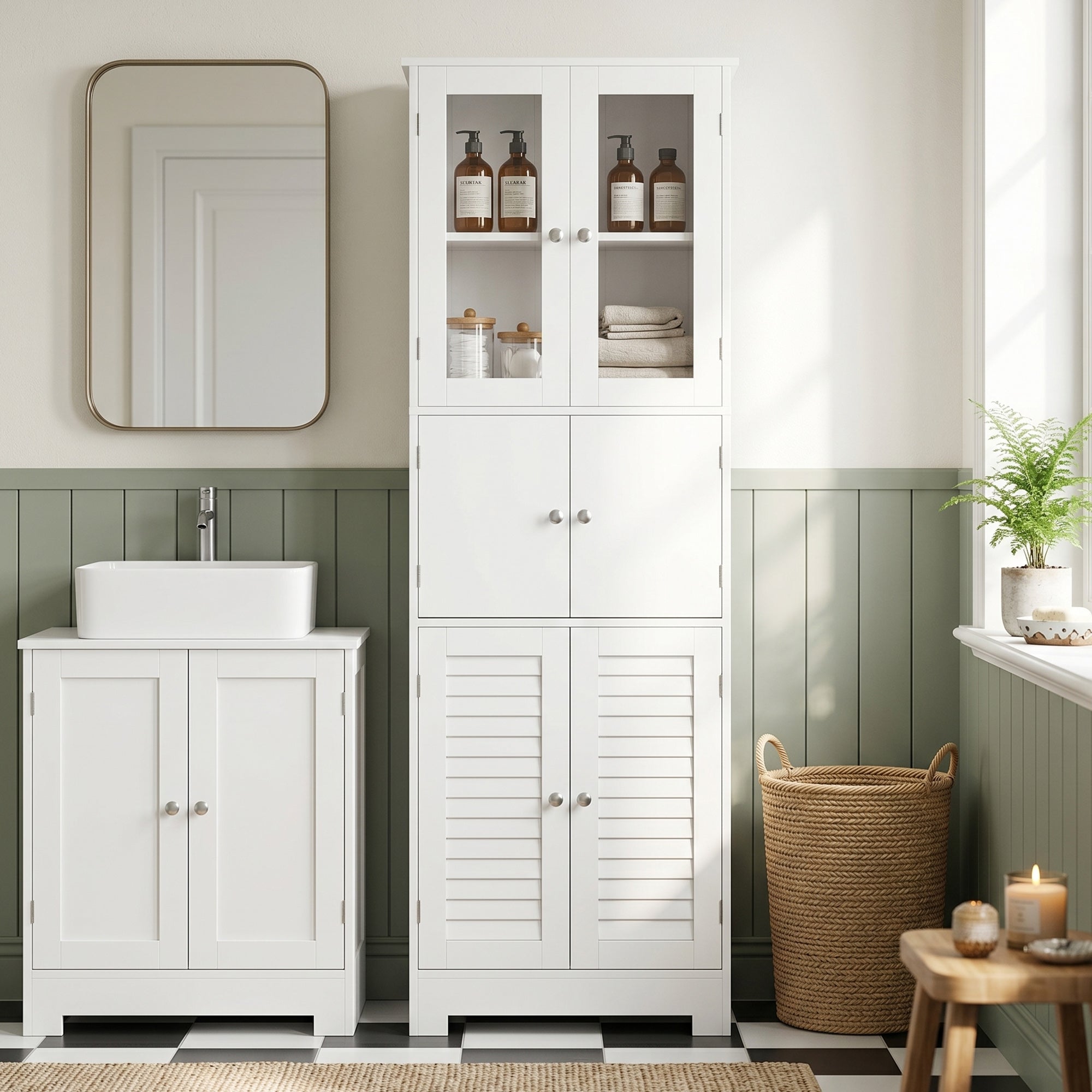 Meuble de salle de bain haut, meuble de rangement, colonne salle de bain avec 6 portes dont 2 vitrées et 2 persiennes, étagère réglable, style moderne, pour salon, chambre, 60x30x170,5cm, blanc