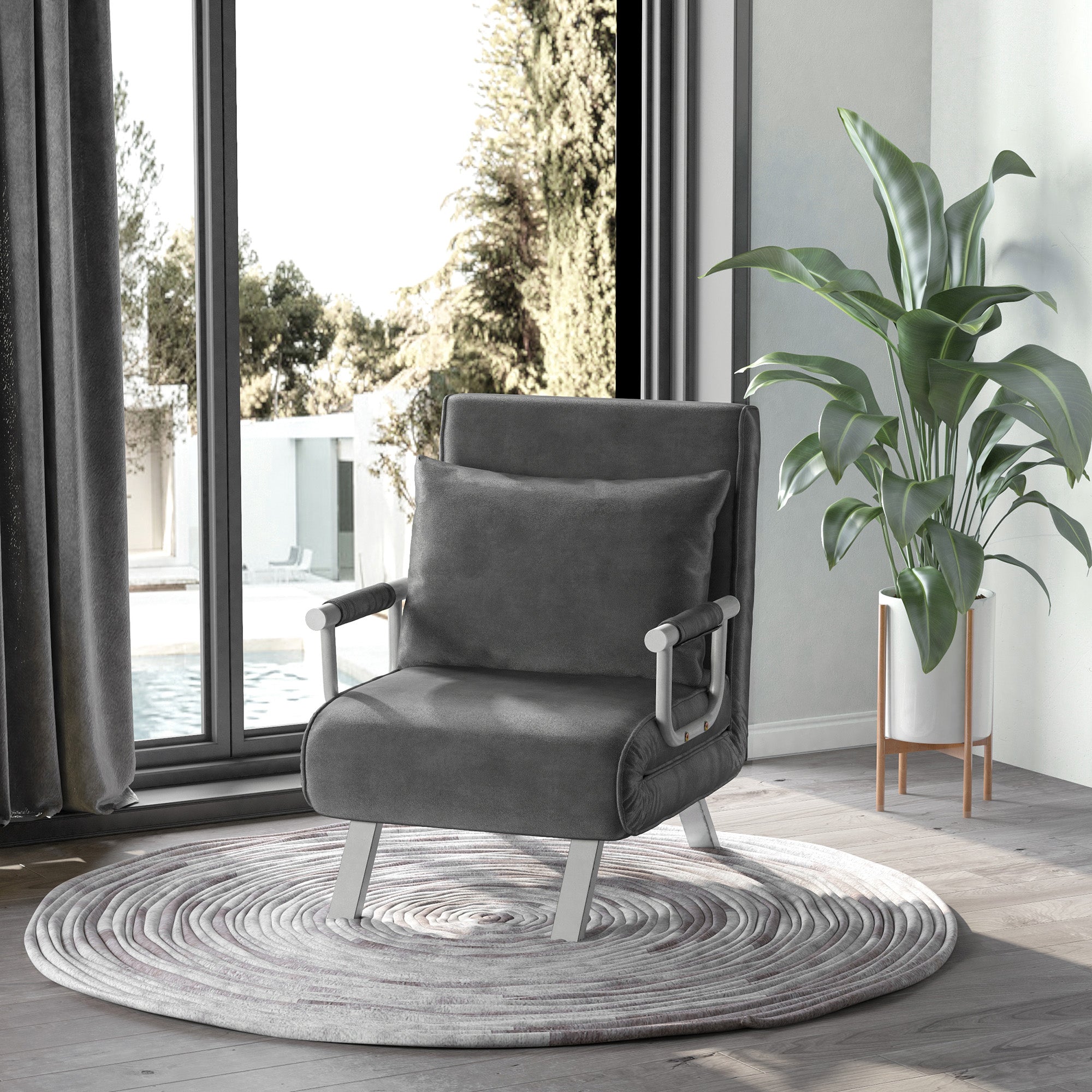 Fauteuil chauffeuse canapé-lit Convertible 1 Place déhoussable Grand Confort Coussin Pieds accoudoirs métal suède Gris