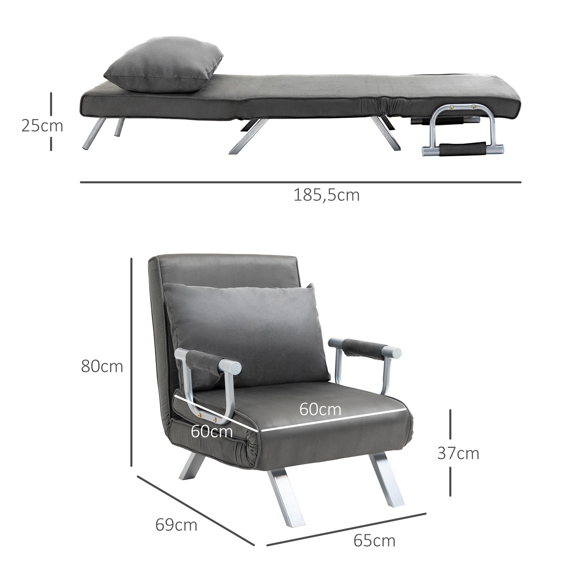 Fauteuil chauffeuse canapé-lit Convertible 1 Place déhoussable Grand Confort Coussin Pieds accoudoirs métal suède Gris
