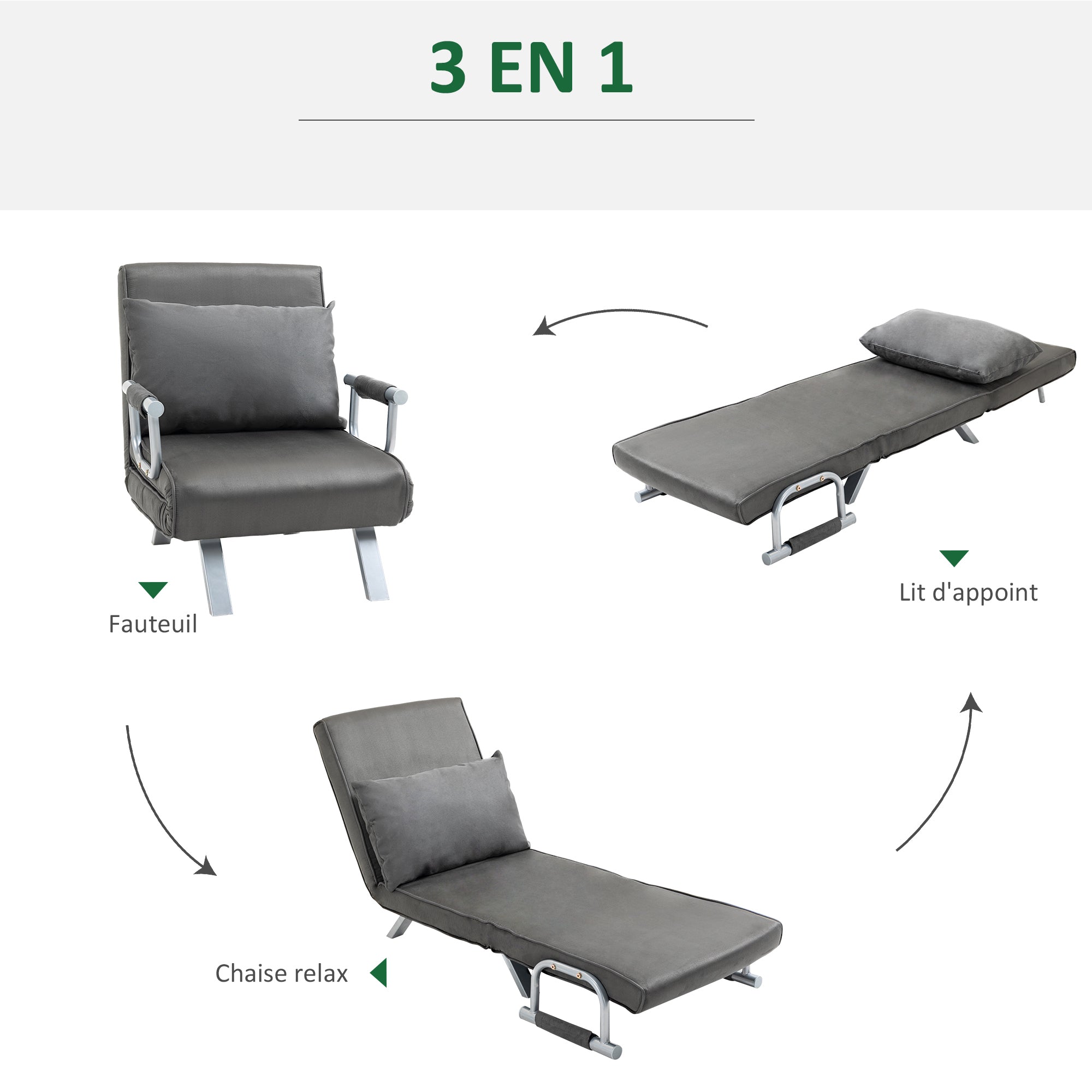 Fauteuil chauffeuse canapé-lit Convertible 1 Place déhoussable Grand Confort Coussin Pieds accoudoirs métal suède Gris