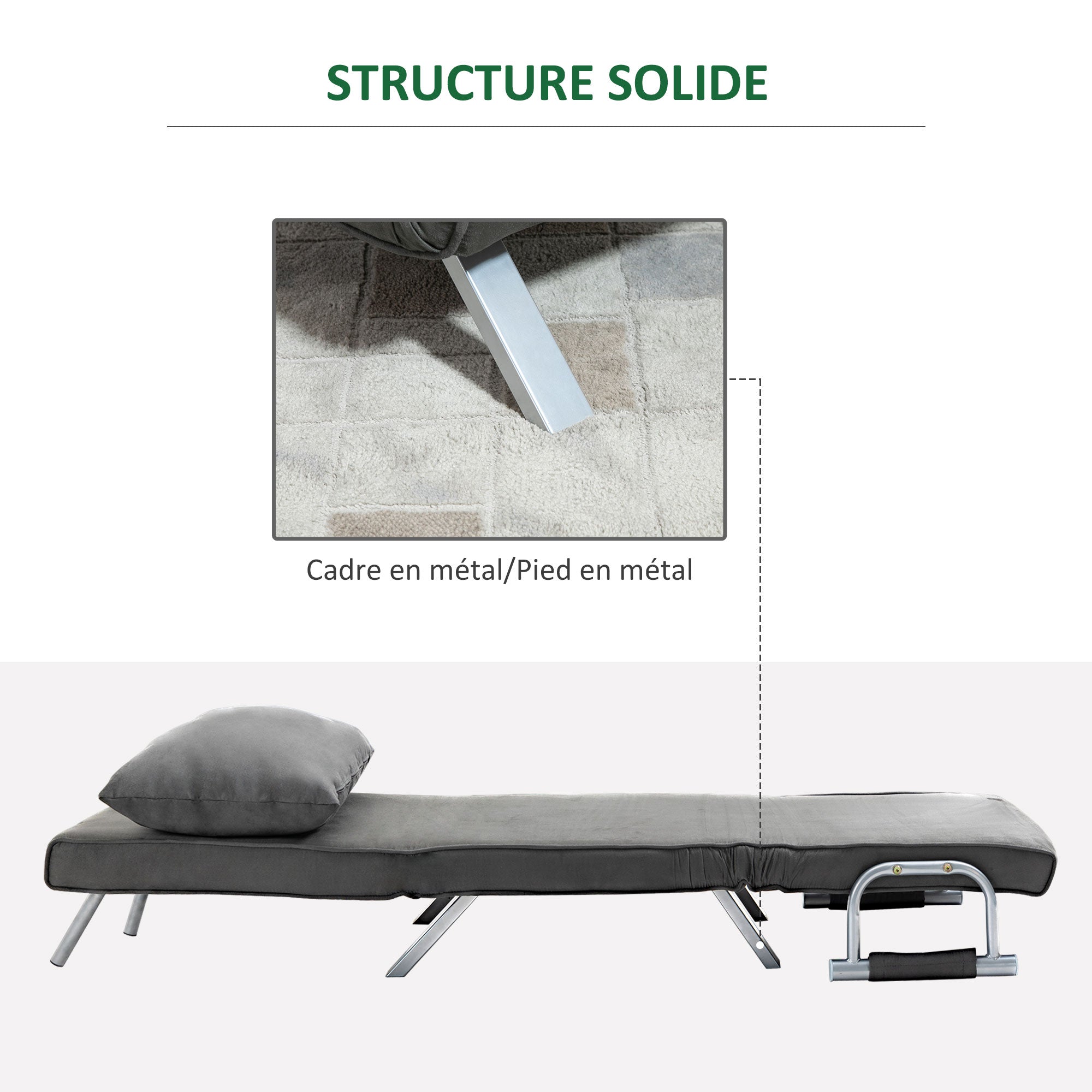 Fauteuil chauffeuse canapé-lit Convertible 1 Place déhoussable Grand Confort Coussin Pieds accoudoirs métal suède Gris