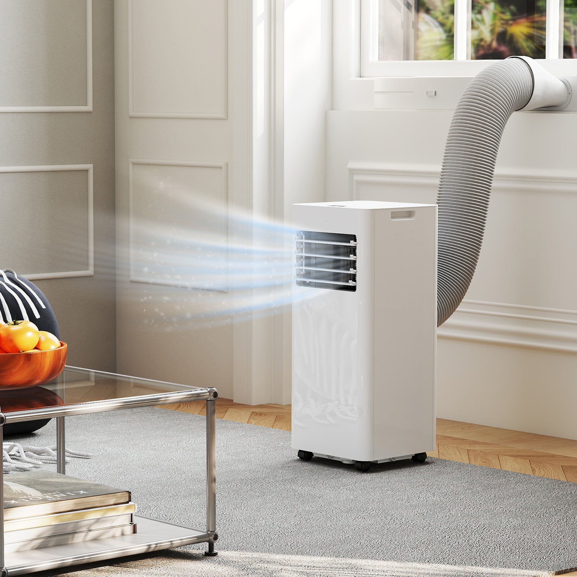 Climatiseur mobile 9000 BTU/H 2,6KW climatiseur portable 3 en 1 refroidissement, ventilateur, déshumidificateur, mode veille, minuterie 24H, 2 vitesses et télécommande, kit d'évacution, blanc
