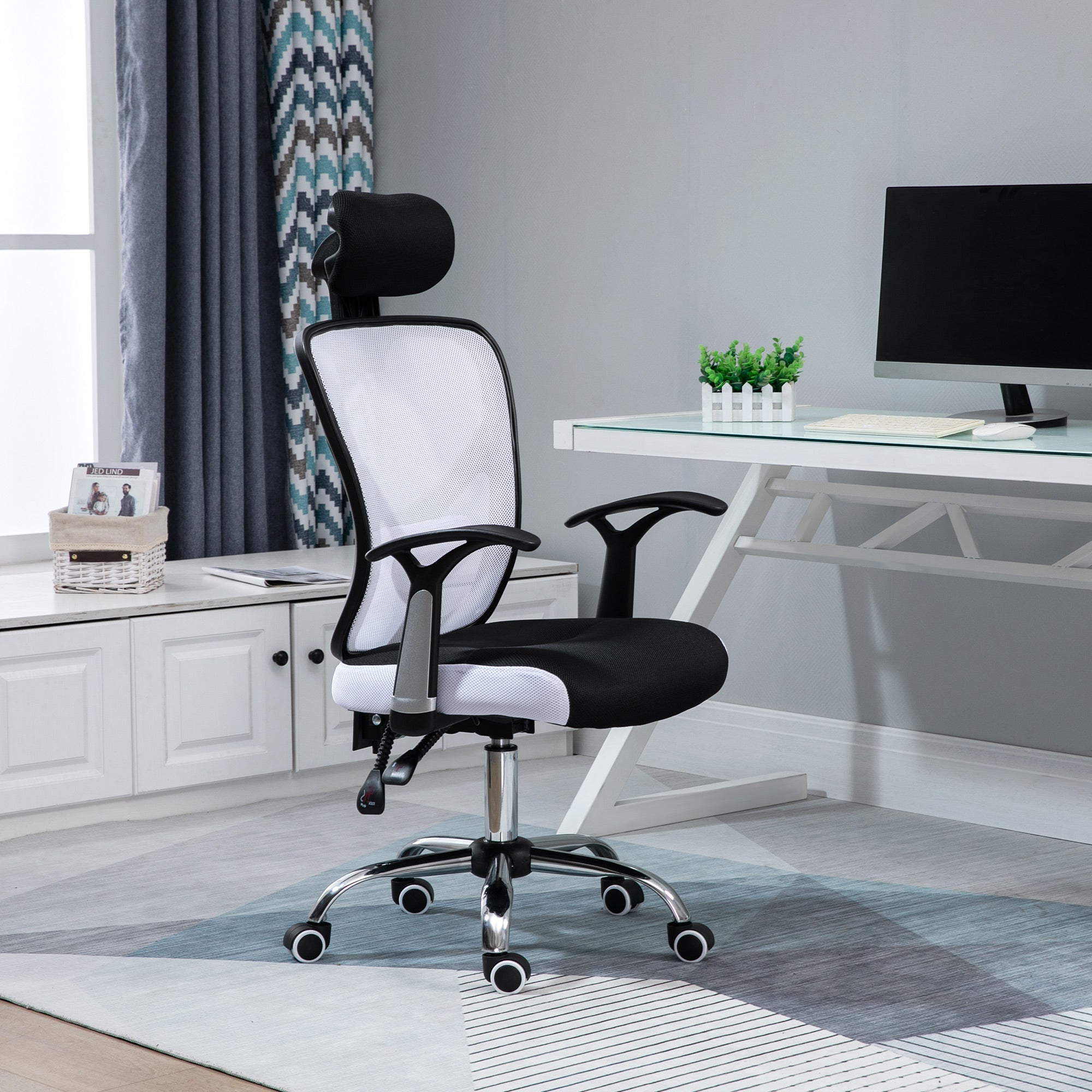 Chaise de bureau, fauteuil de bureau ergonomique en maille avec hauteur et appui-tête réglable, dossier inclinable et support lombaire, pour chambre, télétravail, charge 120 Kg, noir et blanc