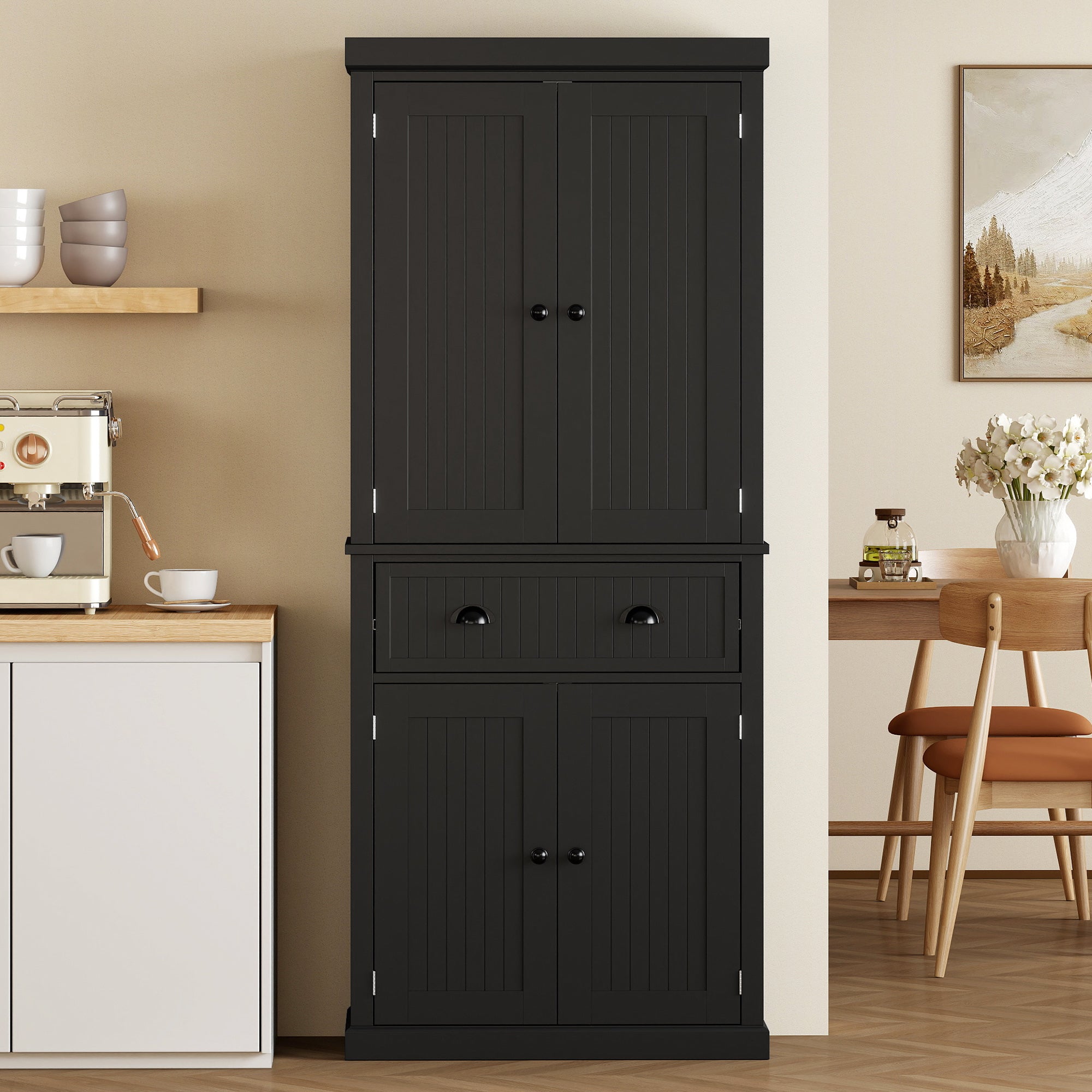 Buffet haut cuisine, armoire de cuisine, vaisselier avec 4 portes, tiroir et étagères réglables, meuble de rangement pour salon, salle à manger, 76,2 x 40,2 x 183 cm, noir