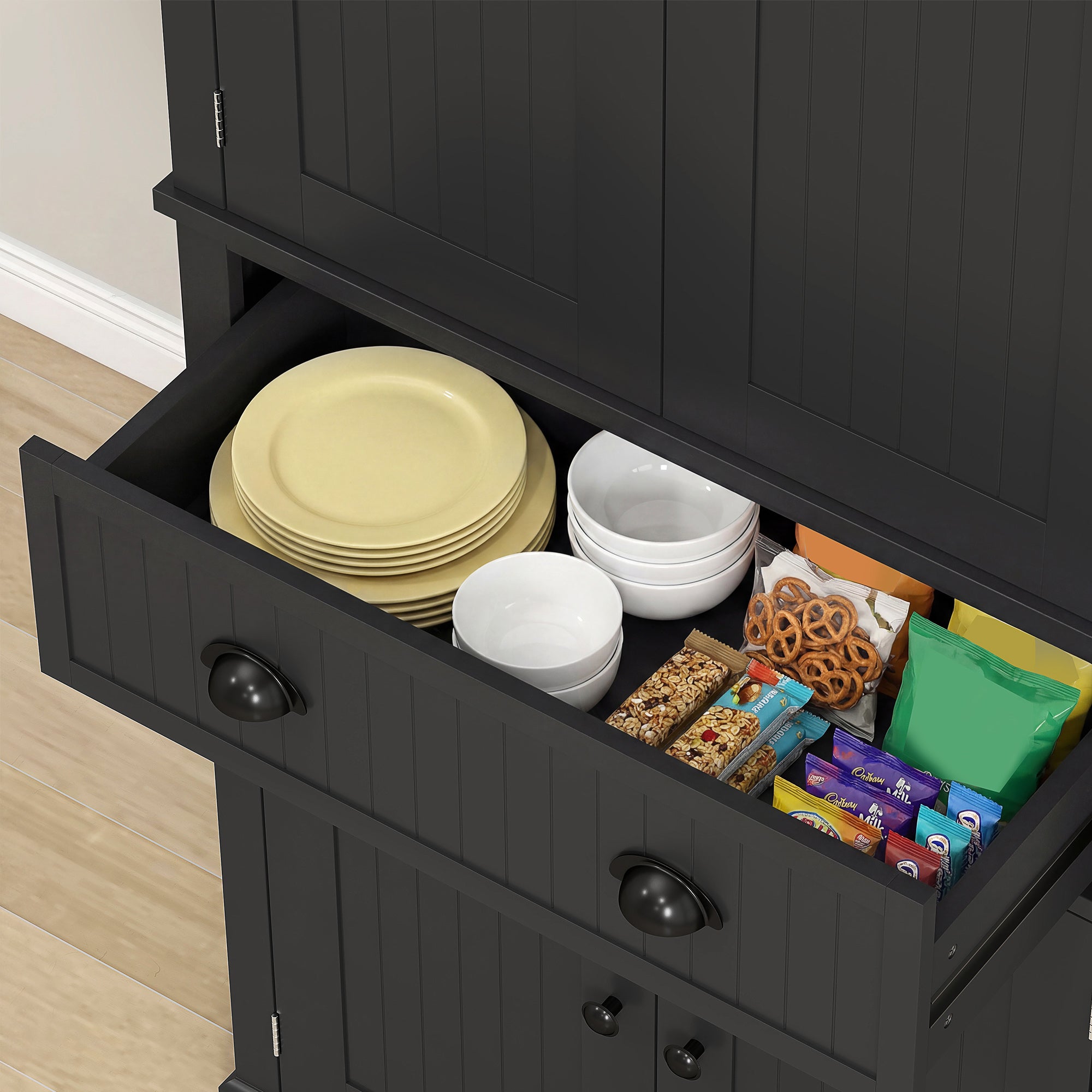 Buffet haut cuisine, armoire de cuisine, vaisselier avec 4 portes, tiroir et étagères réglables, meuble de rangement pour salon, salle à manger, 76,2 x 40,2 x 183 cm, noir